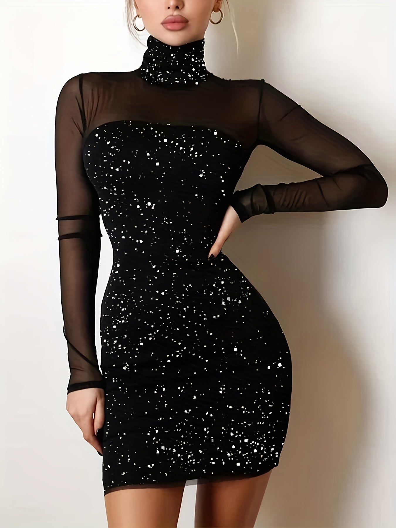 gbolsos Sheer Splicing Dress, Sexy Solid High Collar Long Sleeve Bodycon Evening Dress, Women's Clothing