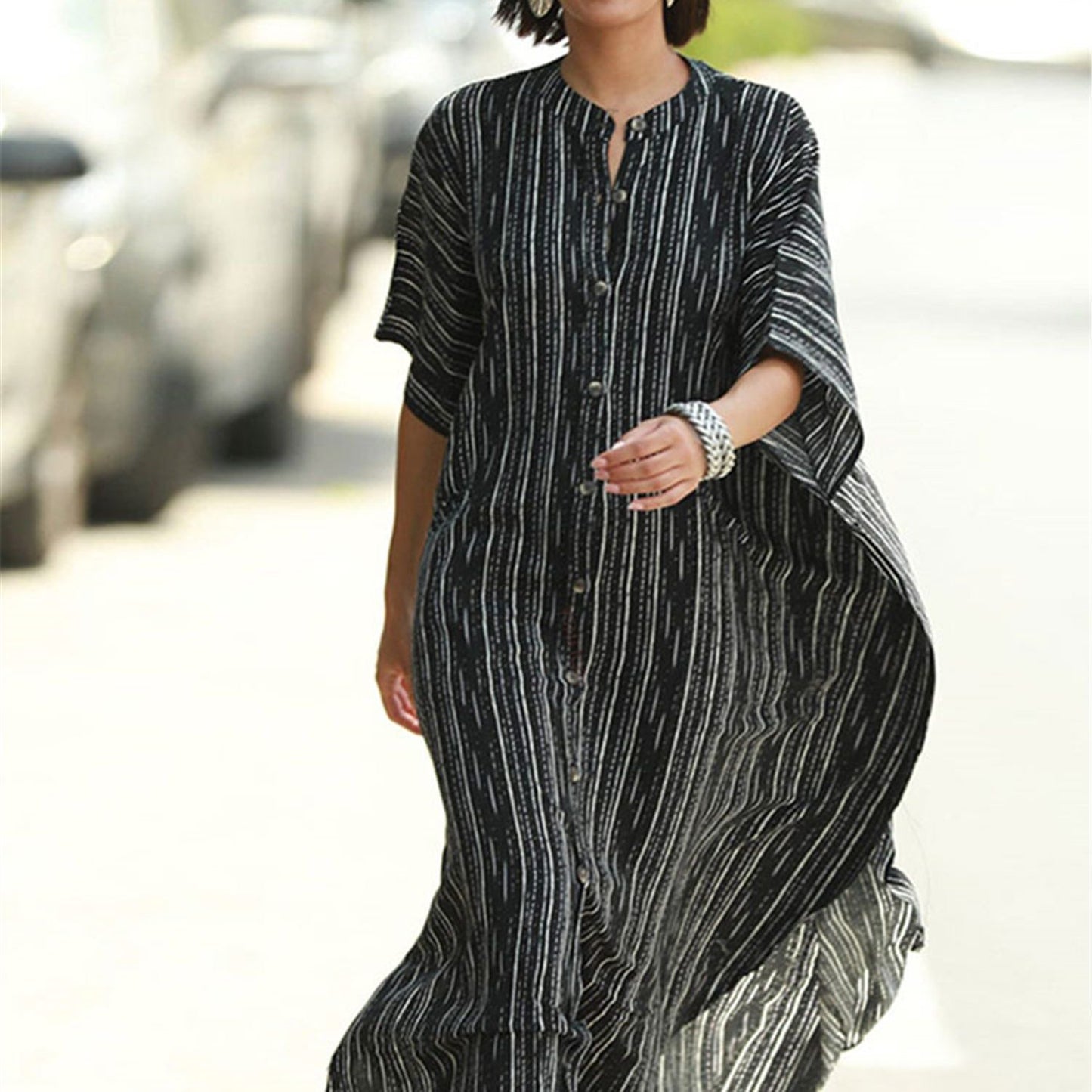 Bohemian Striped Elegant Beach Dress, Casual Every Day Vacation Dress For Spring & Summer, Women's Clothing