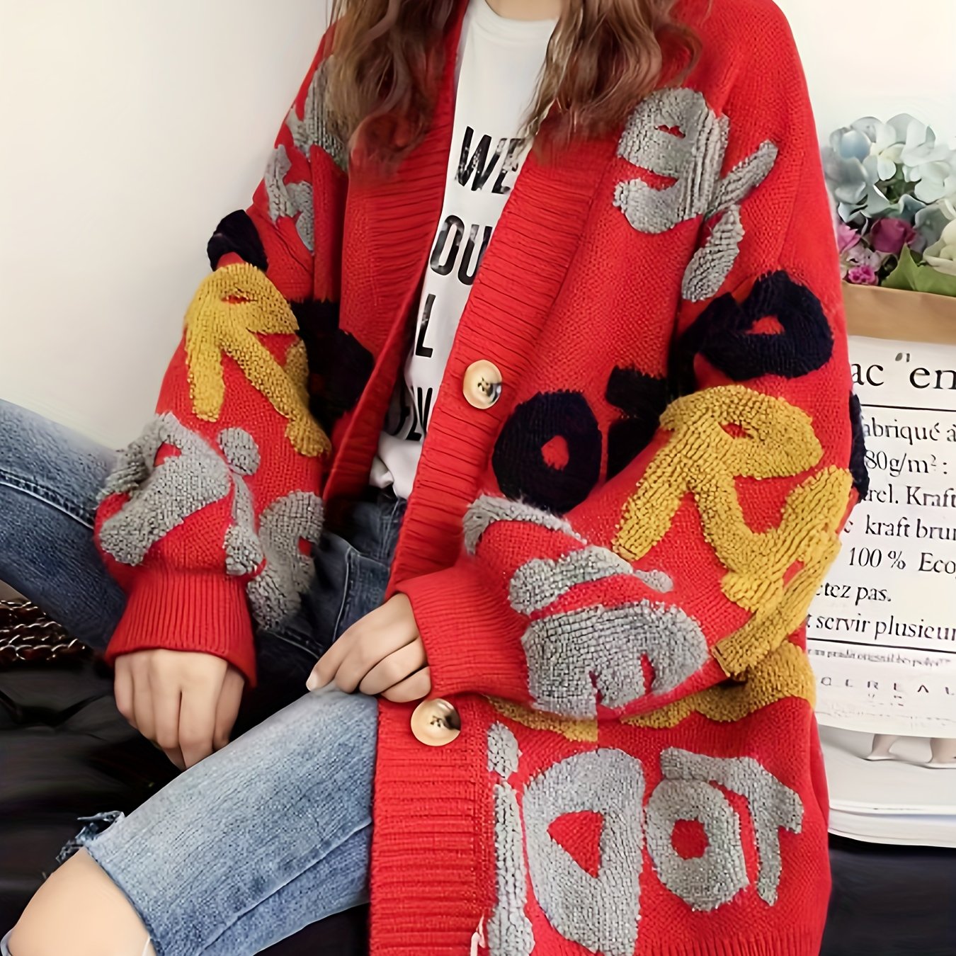 gbolsos Letter Pattern Button Down Knit Cardigan, Casual Long Sleeve Loose Thick Sweater Jacket, Women's Clothing