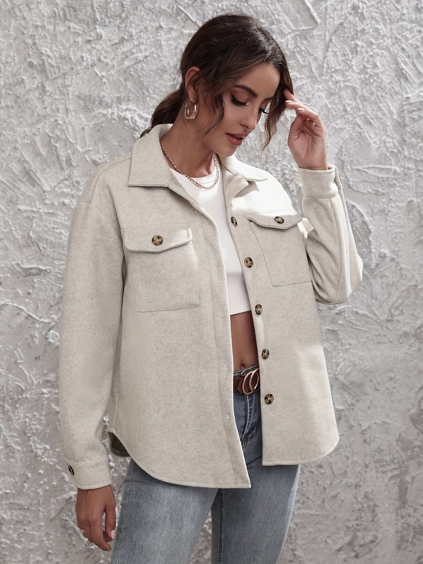 gbolsos Solid Simple Shacket Jacket, Casual Button Front Long Sleeve Outerwear, Women's Clothing