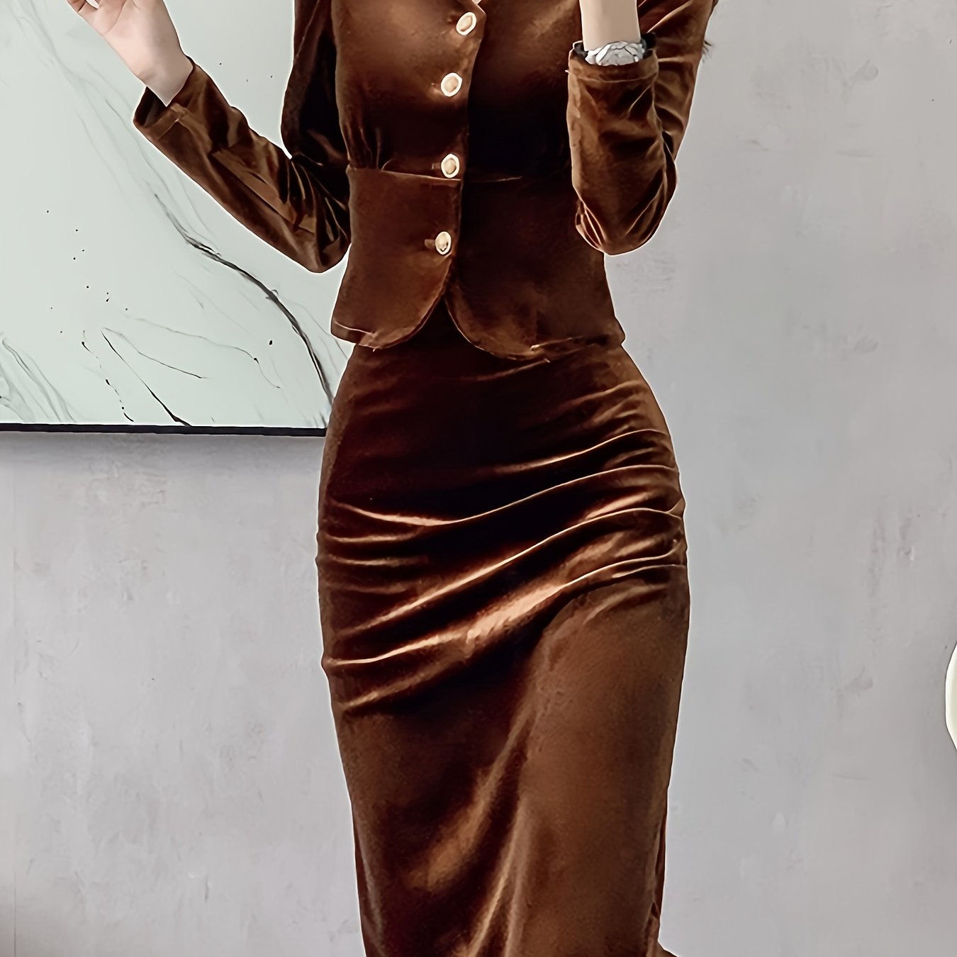 Solid Bodycon Two-piece Set, Button Front Long Sleeve Tops & High Waist Midi Skirts Outfits, Women's Clothing