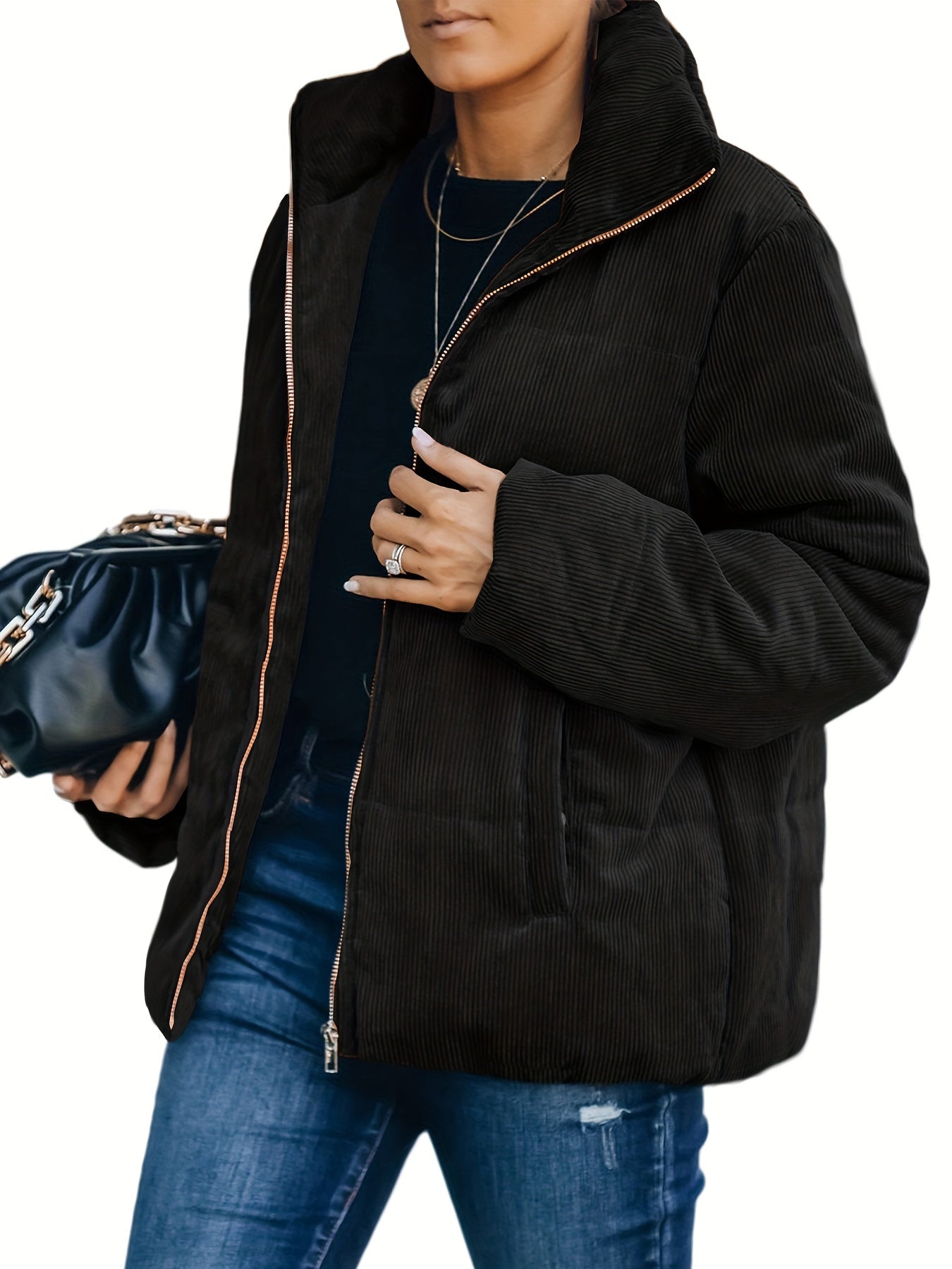 gbolsos Zip Up Solid Warm Coat, Casual Simple Long Sleeve Winter Outerwear, Women's Clothing