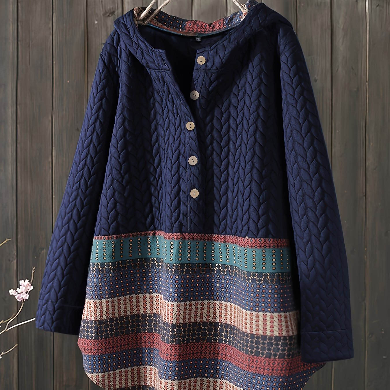 gbolsos Tribal Print Long Sleeve Hooded Padded Jacket, Casual Button Front Loose Hem Outerwear, Women's Clothing
