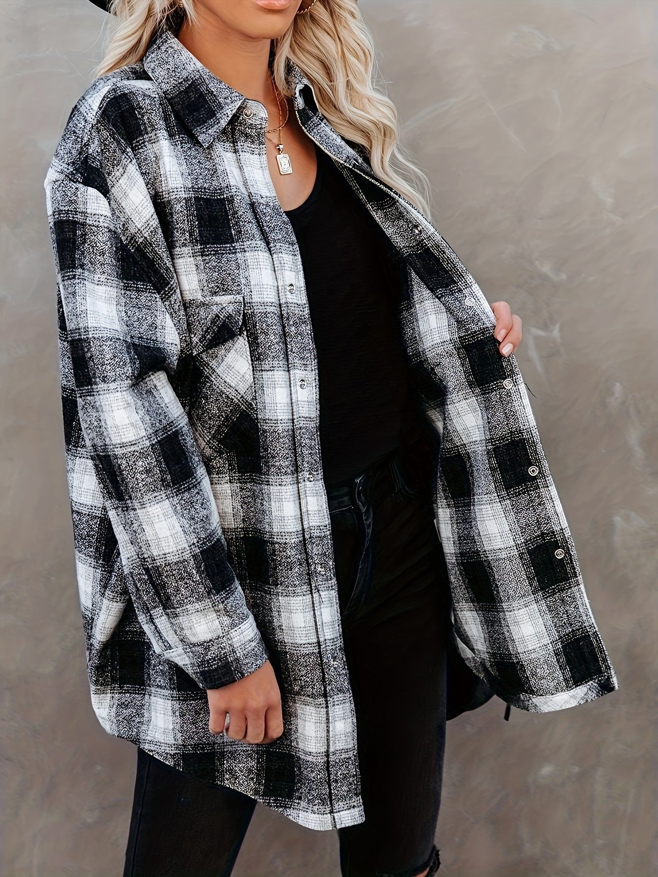 gbolsos Plaid Print Polo Collar Button Shirt, Casual Long Sleeve Shirt For Spring & Fall, Women's Clothing