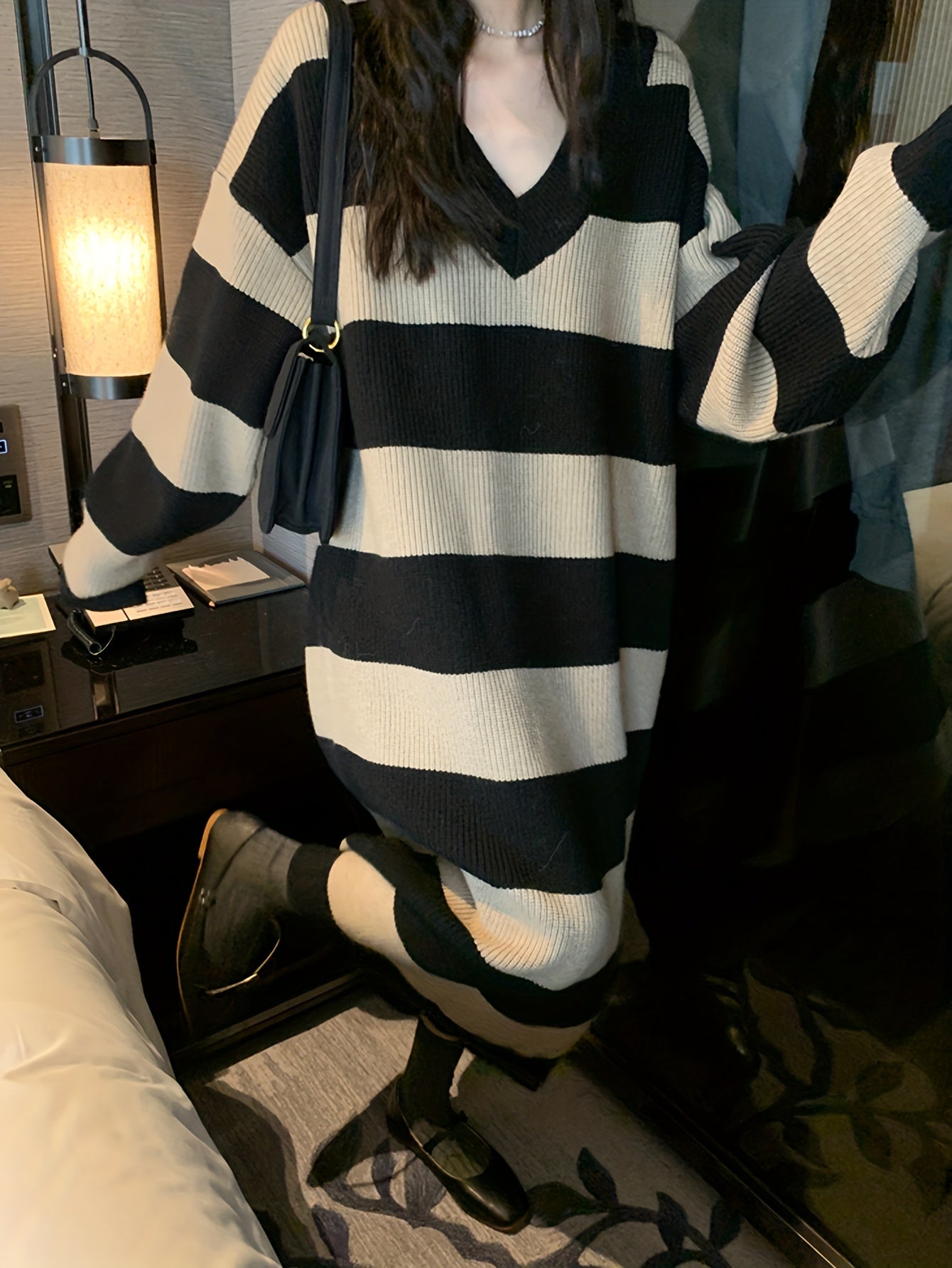gbolsos Striped Drop Shoulder Sweater Dress, Casual V Neck Long Sleeve Maxi Dress, Women's Clothing