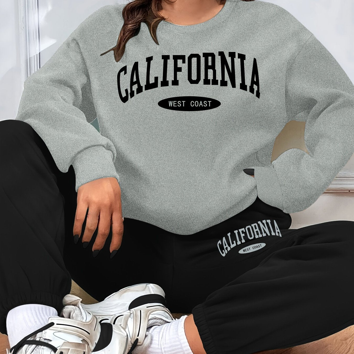 gbolsos California Print Casual Two-piece Set, Long Sleeve Sweatshirt & Elastic Waist Sweatpants Outfits, Women's Clothing