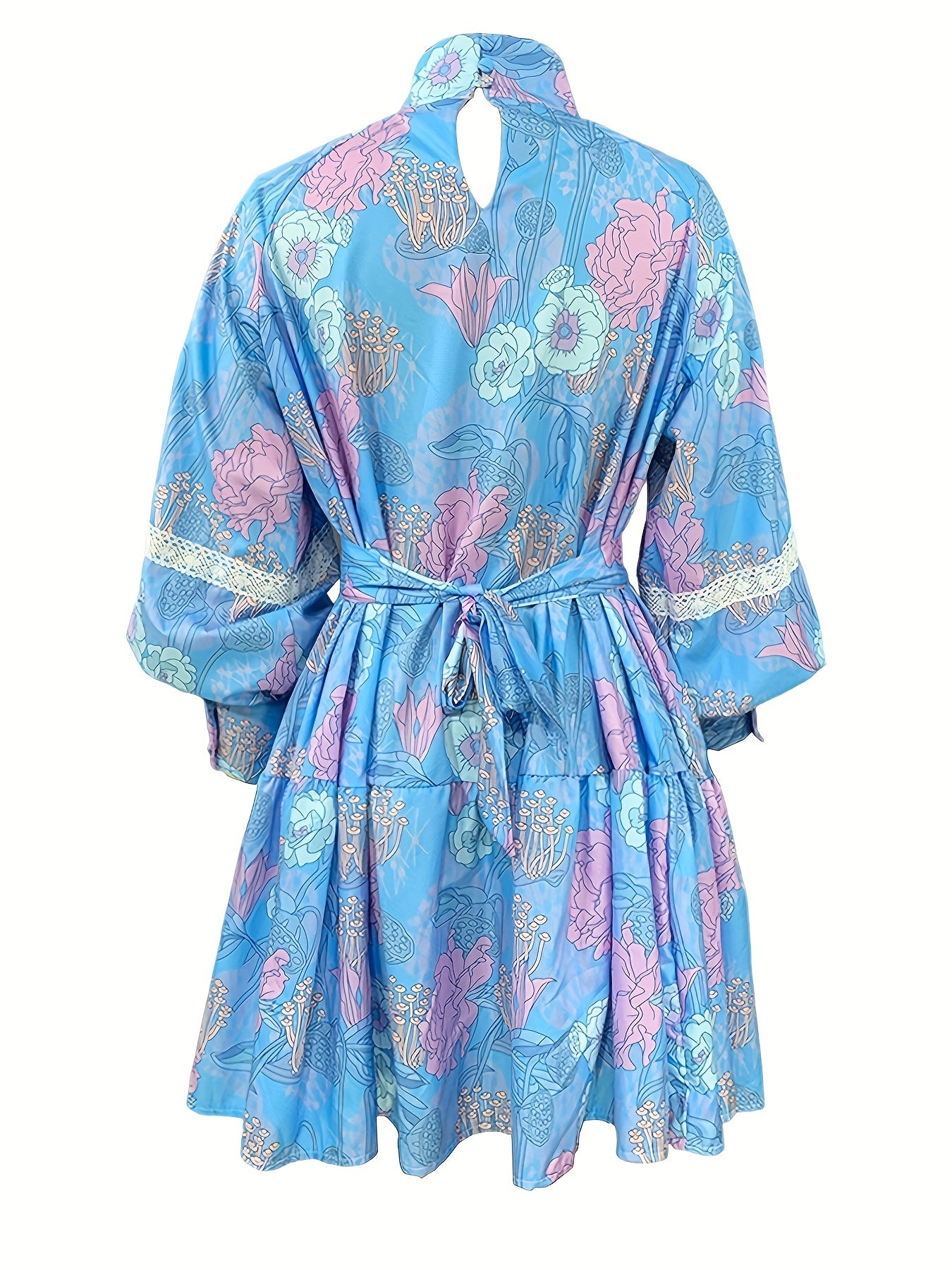 gbolsos Floral Print Button Front Dress, Elegant Pleated Long Sleeve High Collar Summer Dress, Women's Clothing