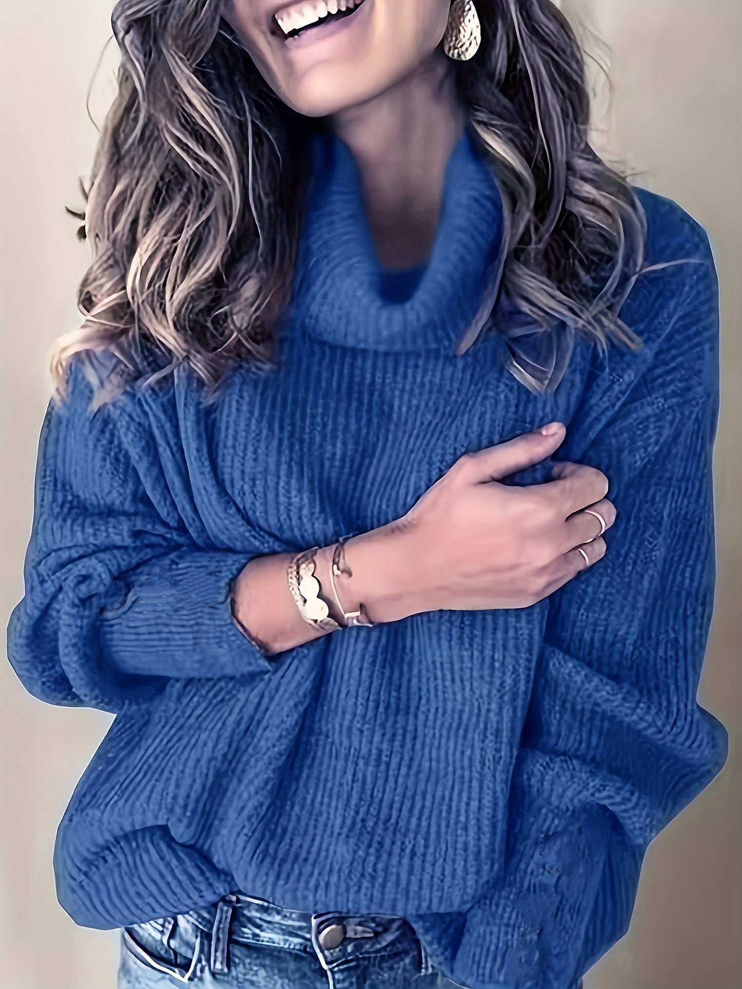 gbolsos Plus Size Casual Sweater, Women's Plus Solid Ribbed Turtle Neck Long Sleeve Medium Stretch Sweater
