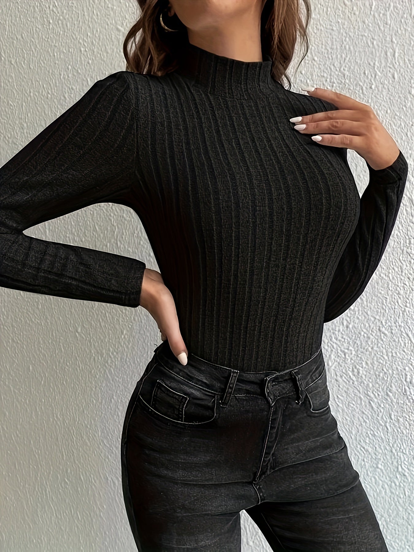 gbolsos Solid Turtleneck Knit Top, Elegant Slim Long Sleeve Sweater For Spring & Fall, Women's Clothing