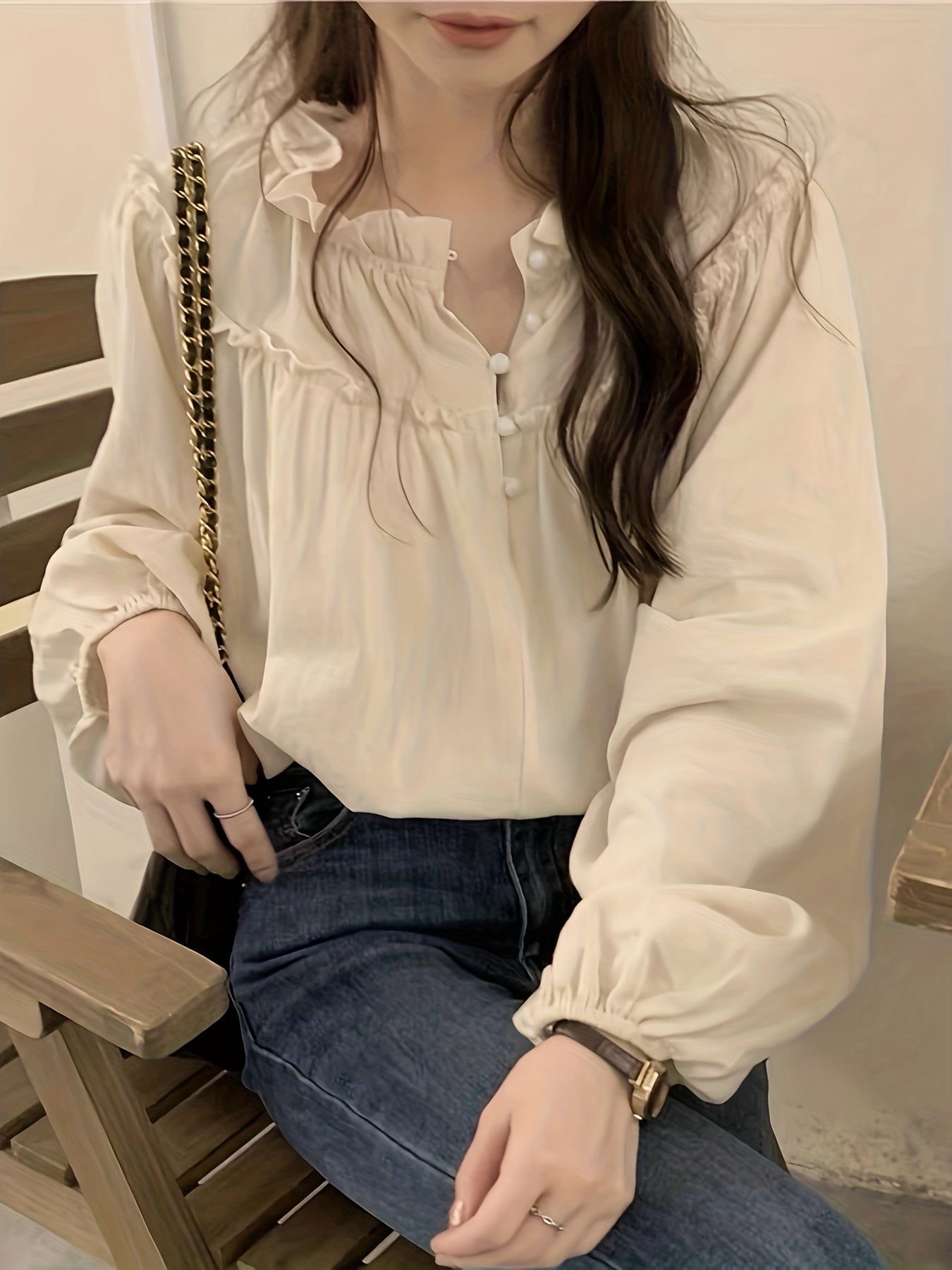 gbolsos Lettuce Trim Solid Blouse, Casual Crew Neck Long Sleeve Blouse, Women's Clothing