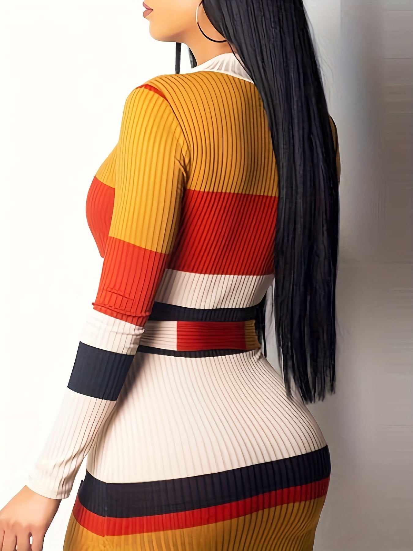 gbolsos Color Block Long Sleeve Zipper Dress, Ribbed Knit Tie-waist Mock Neck Dress For Spring & Fall, Women's Clothing