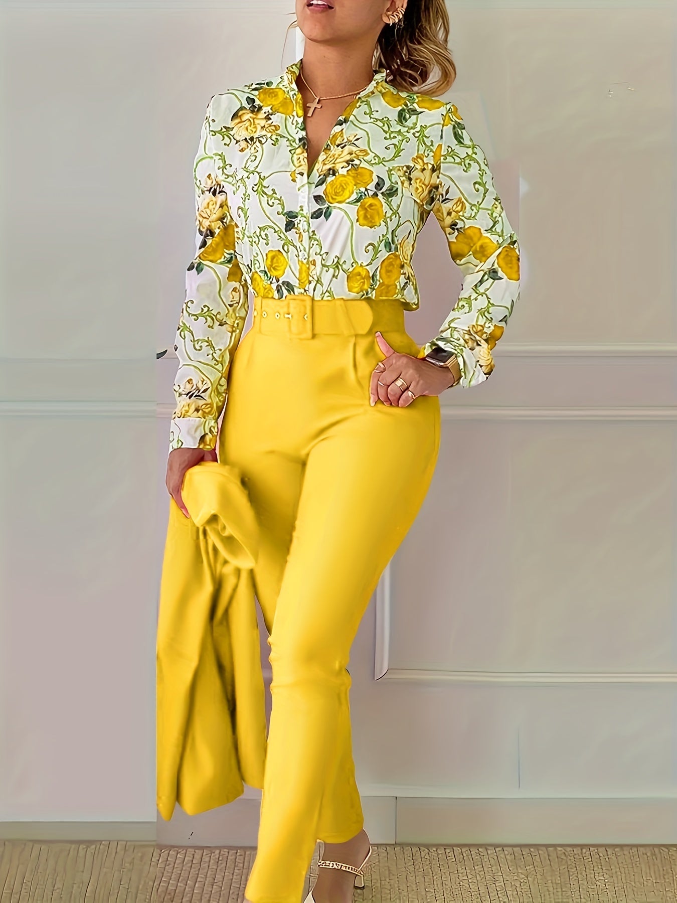 gbolsos Elegant Two-piece Set, Floral Print V Neck Long Sleeve Blouse & Solid Belted Tapered Pants Outfits, Women's Clothing