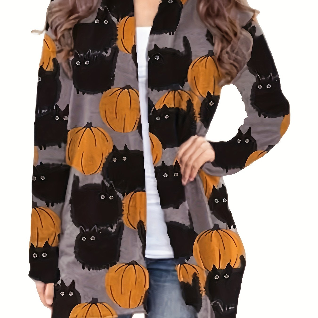 gbolsos Halloween Allover Print Cardigan, Open Front Long Sleeve Cardigan For Spring & Fall, Women's Clothing