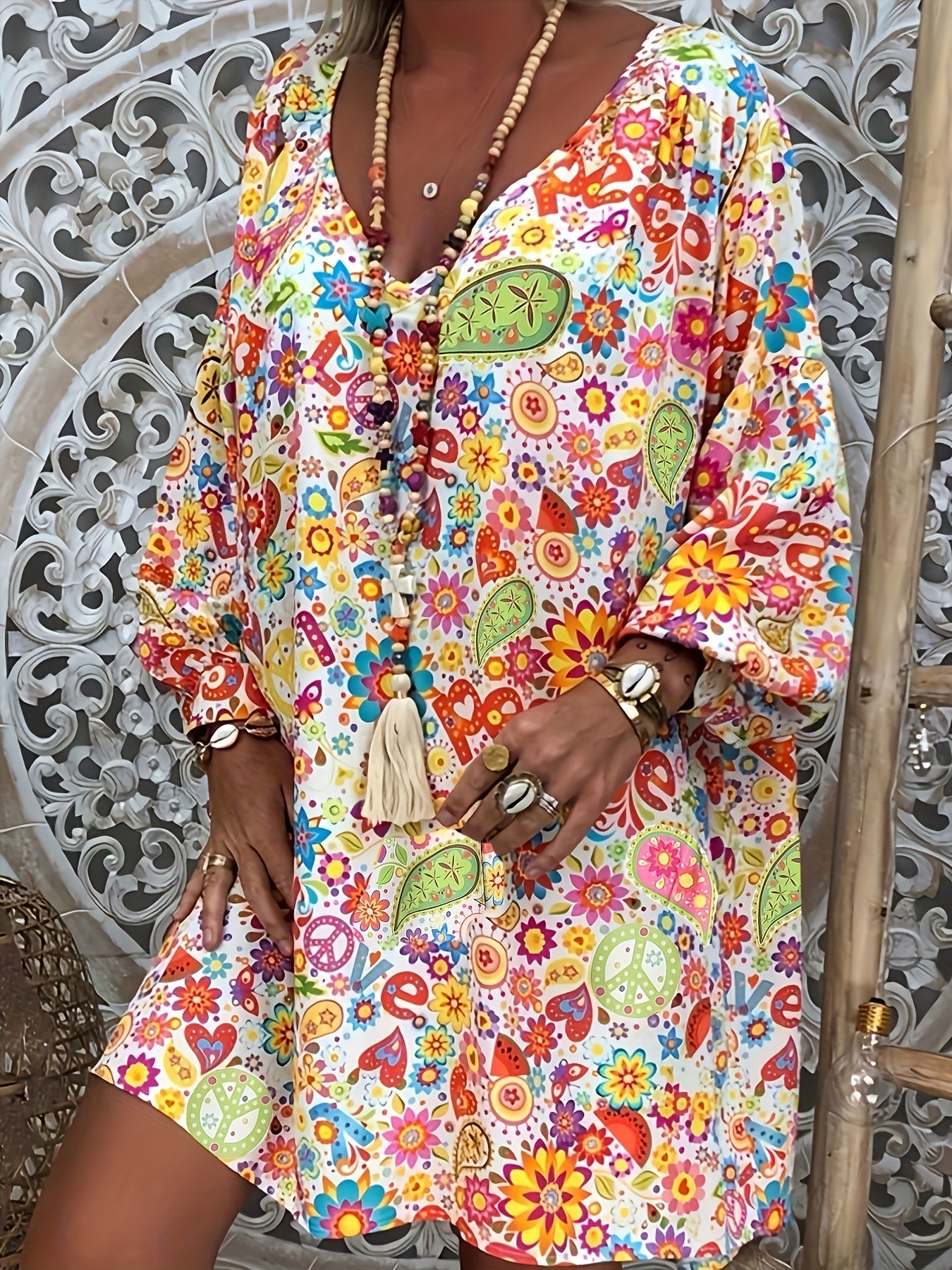 Floral Print V Neck Dress, Casual Long Sleeve Dress For Spring & Fall, Women's Clothing