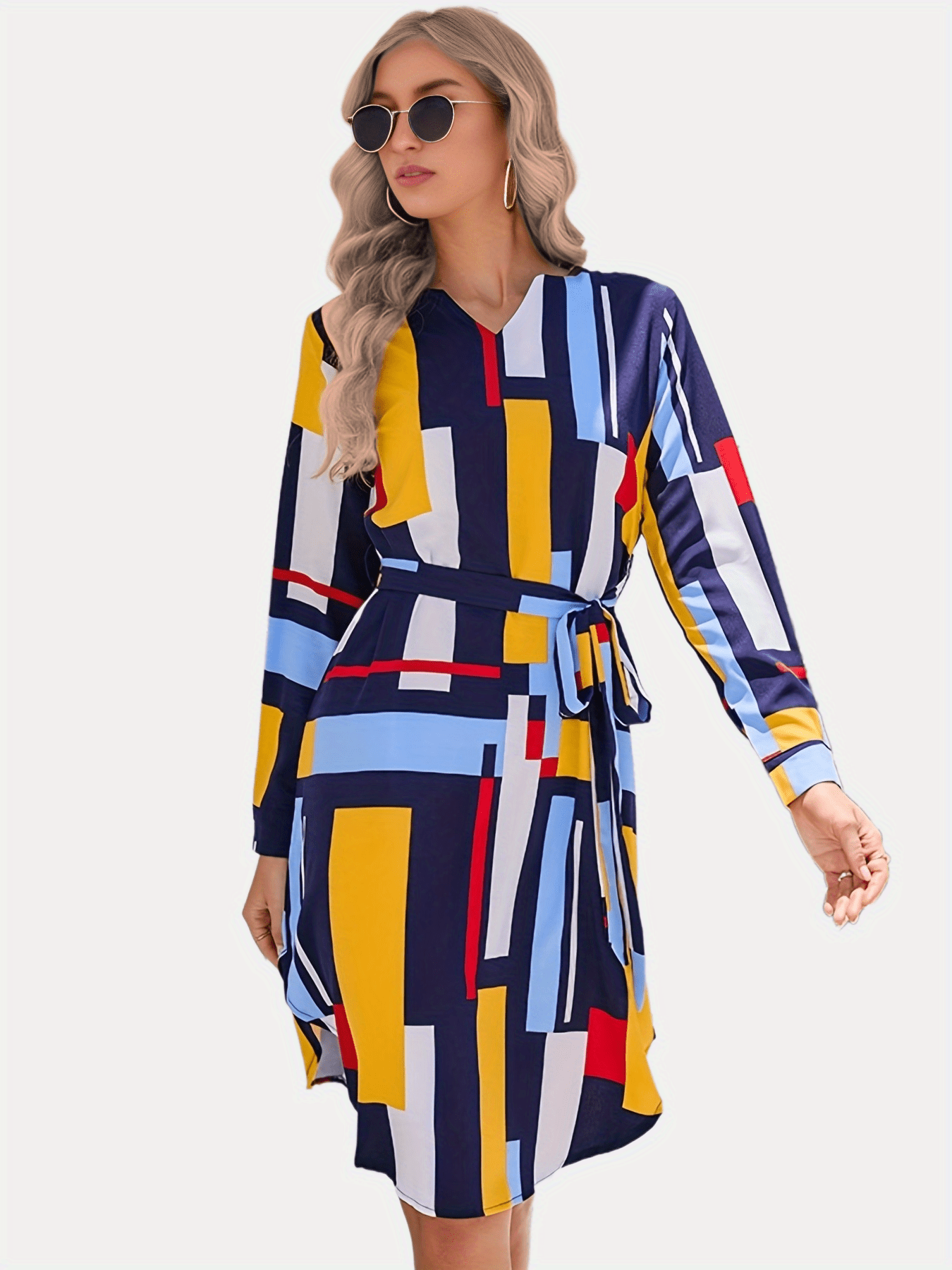 Color Block Belt V Neck Dress, Casual Long Sleeve Dress For Spring & Fall, Women's Clothing