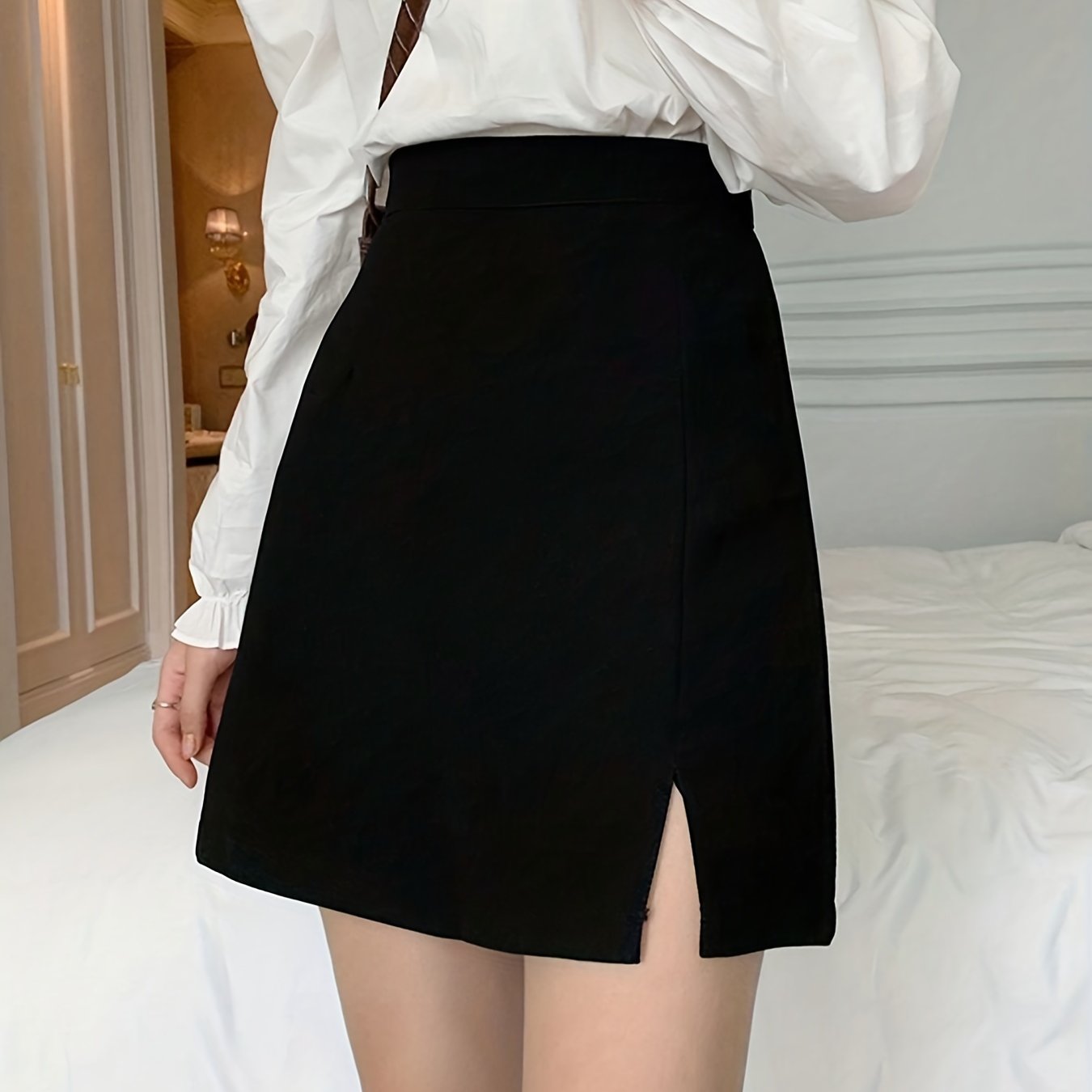 gbolsos Solid High Waist Skirt, Casual Split Versatile Skirt, Women's Clothing