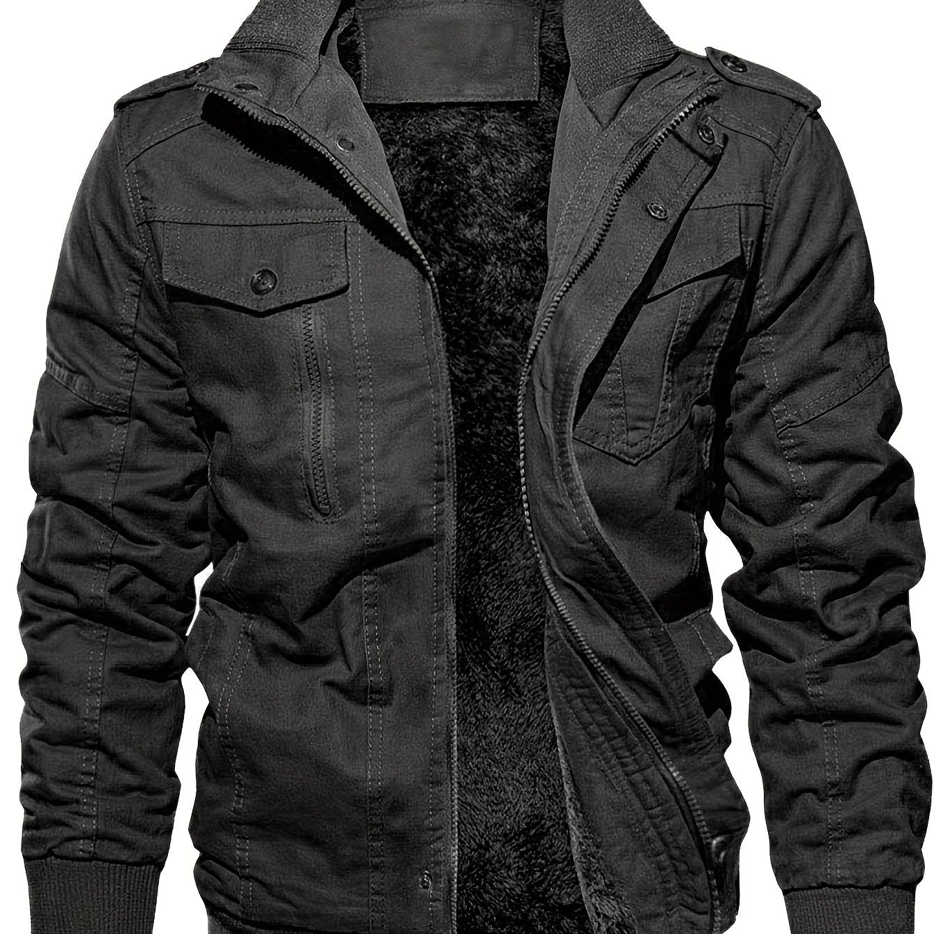 gbolsos Warm Plush Fleece Cotton Jacket, Men's Casual Zipper Pockets Stand Collar Jacket Coat For Fall Winter
