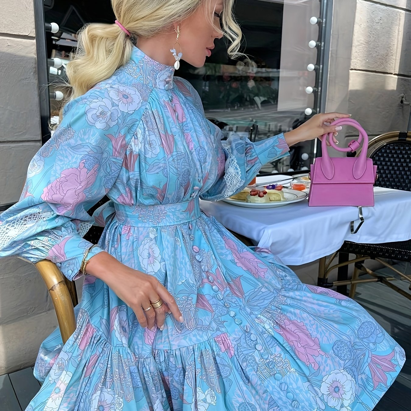gbolsos Floral Print Button Front Dress, Elegant Pleated Long Sleeve High Collar Summer Dress, Women's Clothing