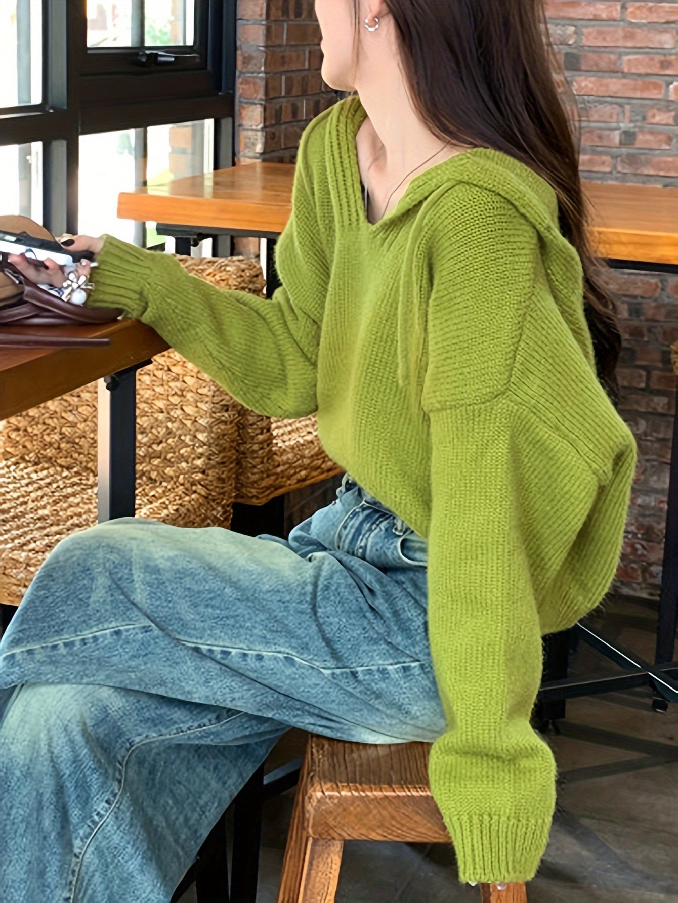gbolsos Solid Drawstring Hooded Sweater, Casual Long Sleeve Drop Shoulder Loose Sweater, Women's Clothing