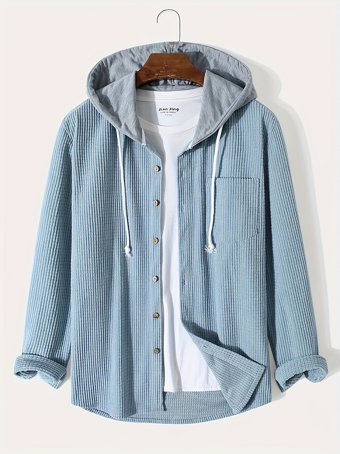 gbolsos Waffle Pattern Hoodie Shirt Coat For Men Long Sleeve Casual Regular Fit Button Up Hooded Shirts Jacket