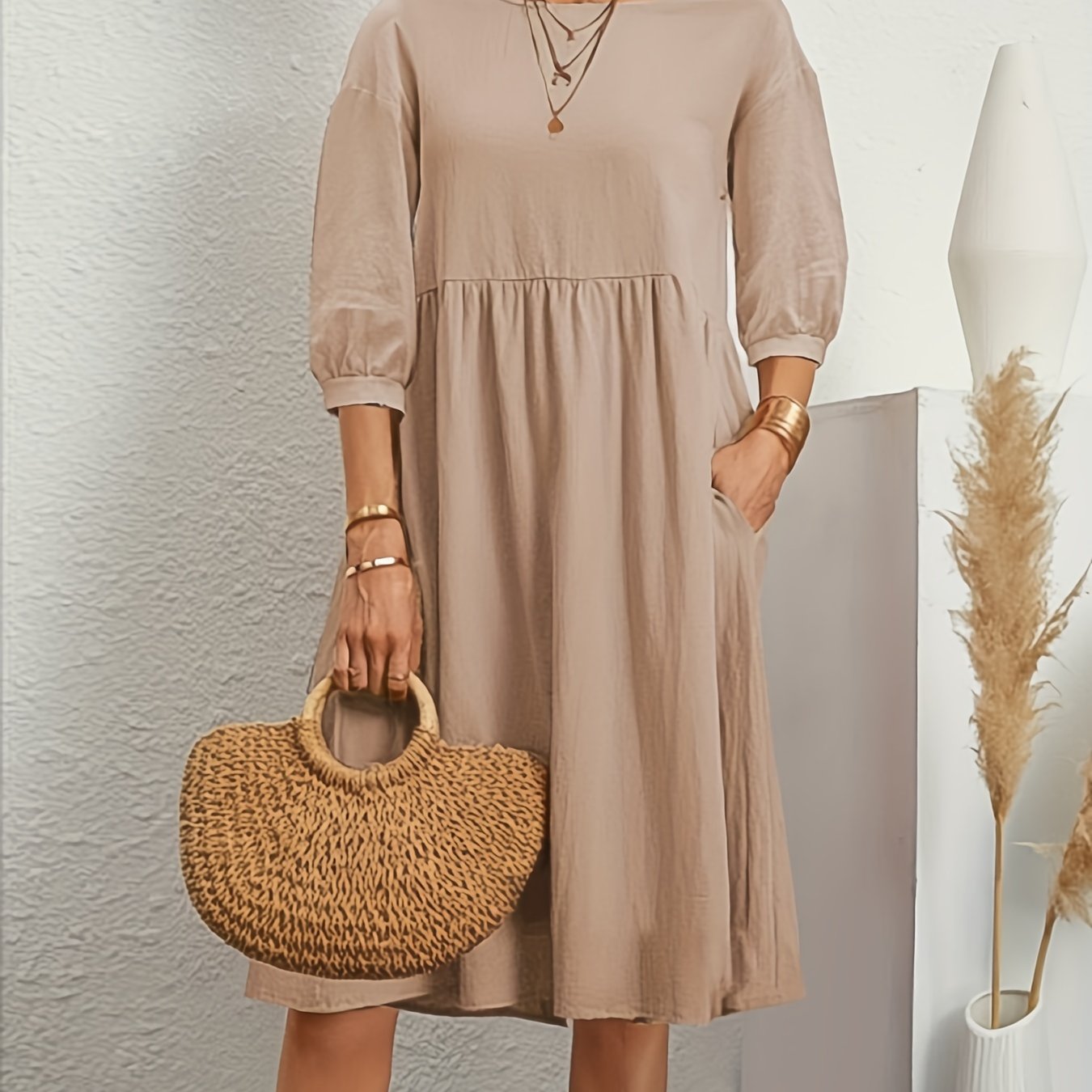Lantern Sleeve Pocket Dress, Casual Crew Neck Half Sleeve Dress, Women's Clothing