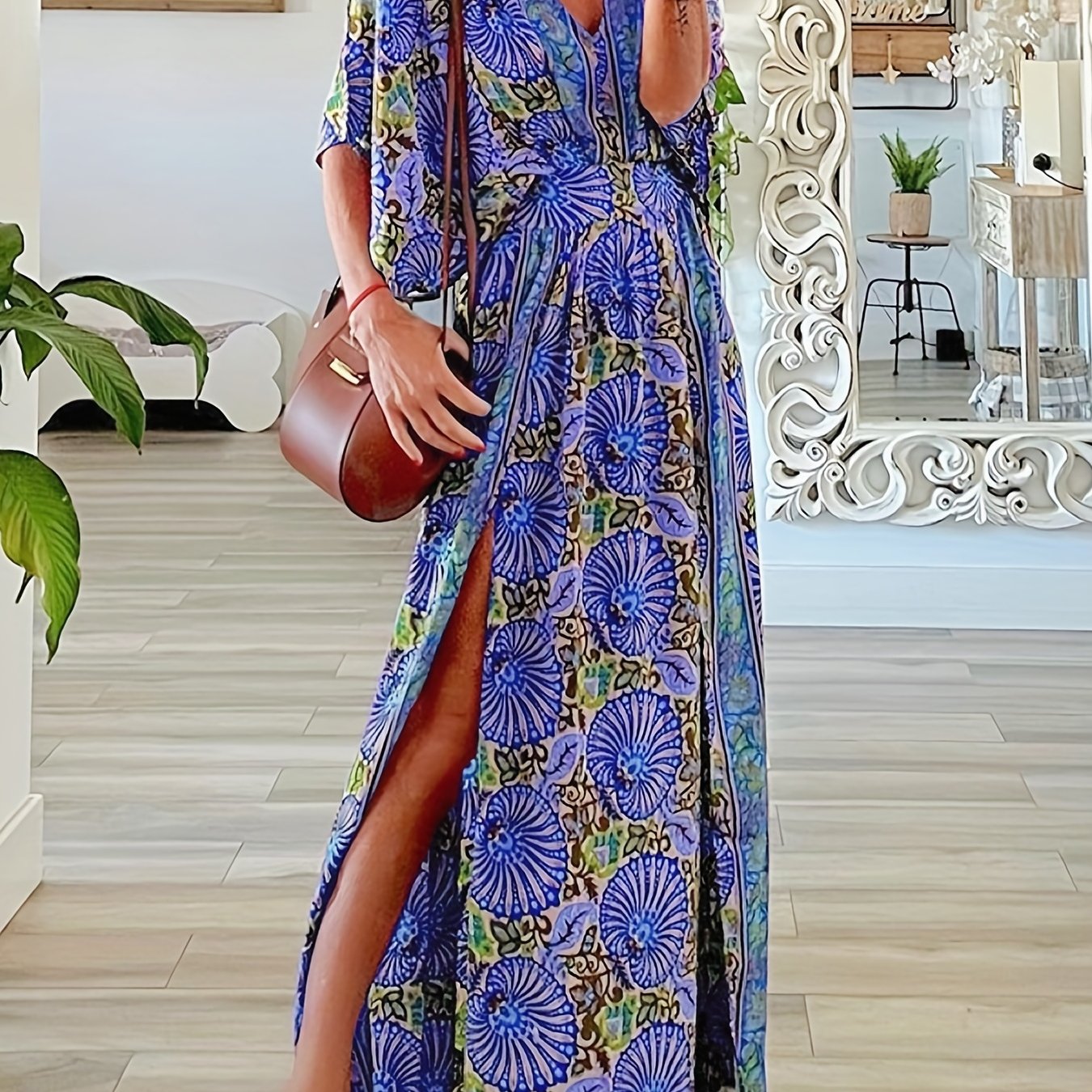 Graphic Print V Neck Split Maxi Dress, Boho Elastic Waist Short Sleeve Dress For Spring & Summer , Women's Clothing