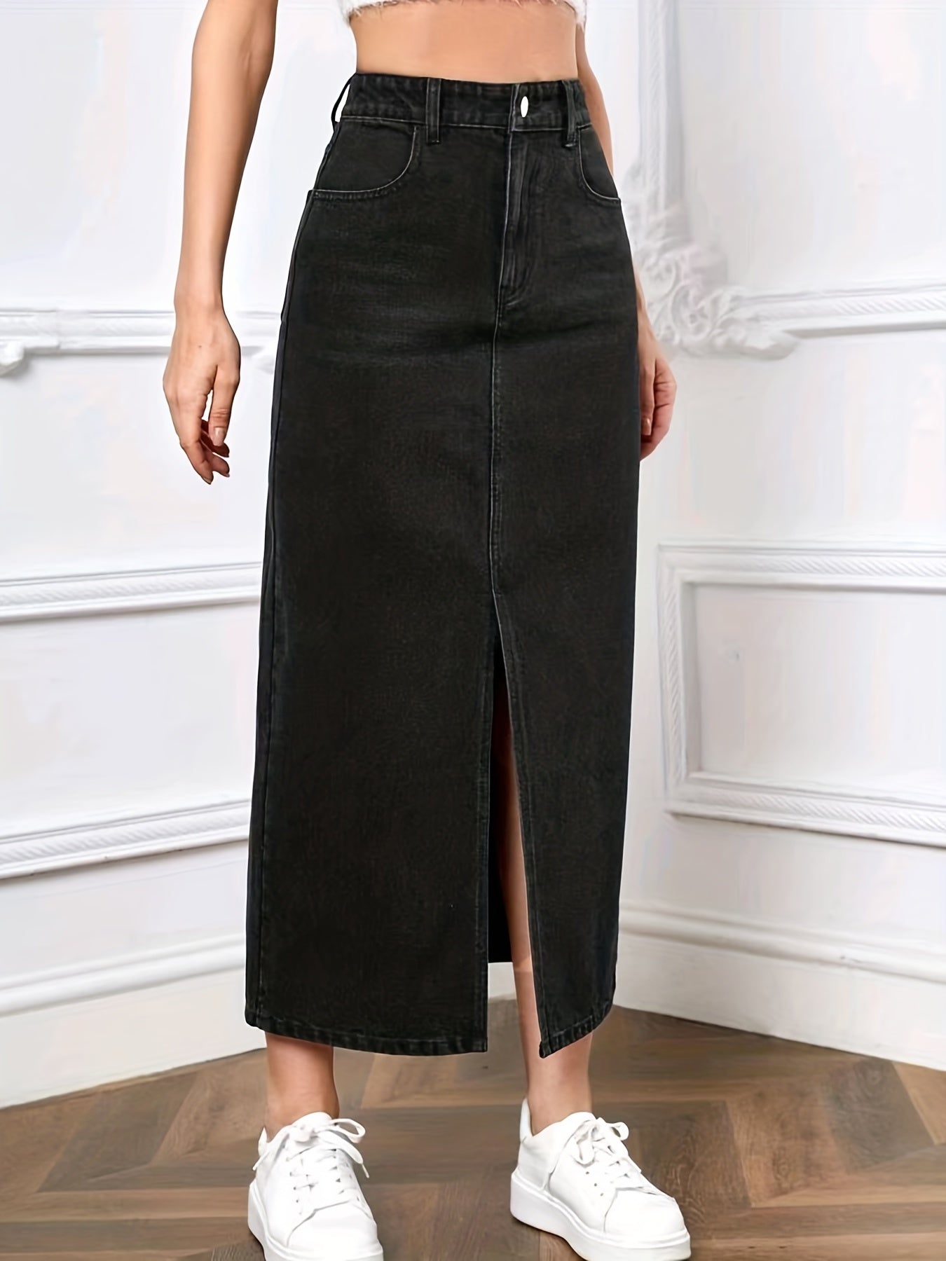 Black Slant Pockets Denim Midi Skirt, Non-Stretch Split Casual Denim Skirt, Women's Denim Clothing