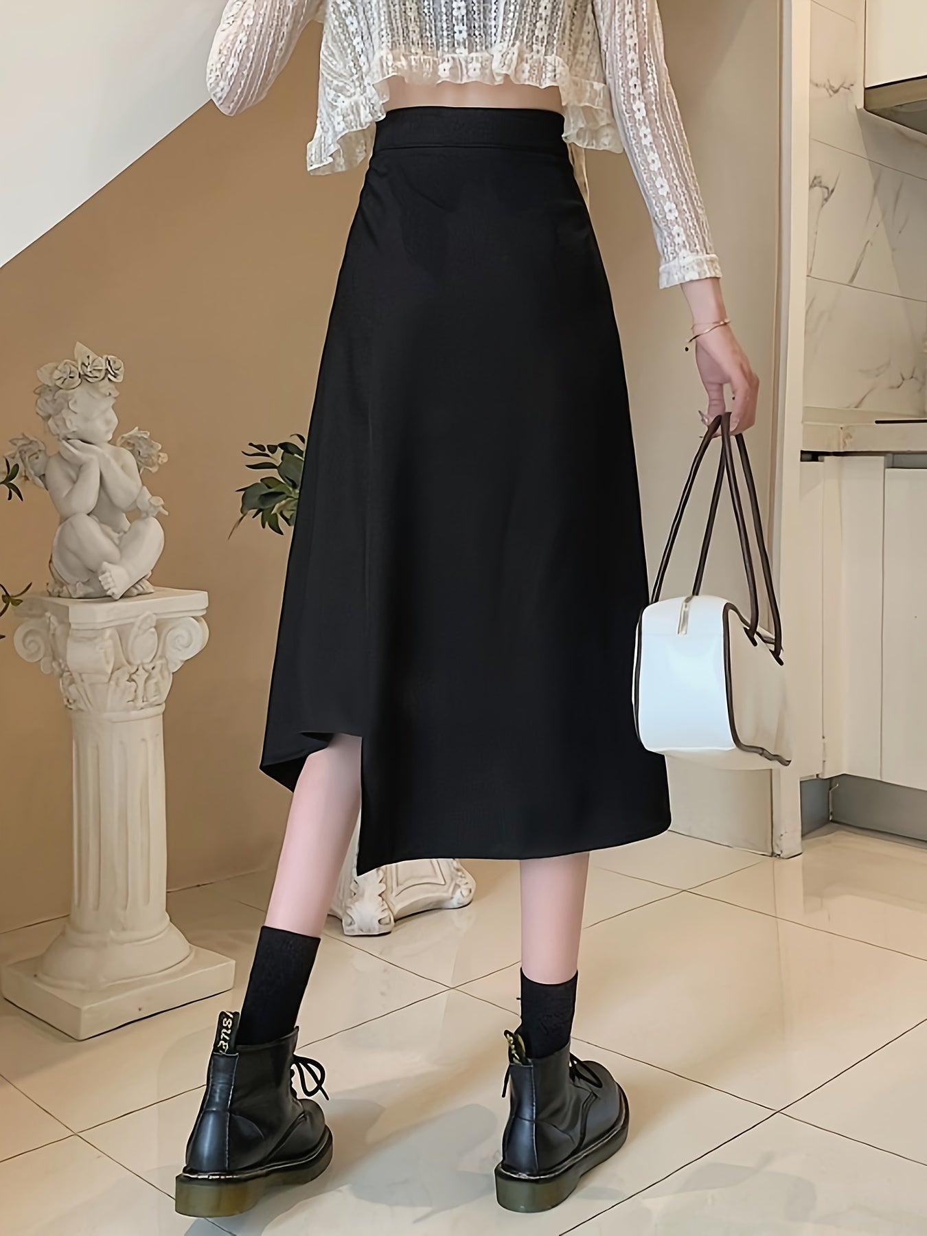 gbolsos Solid High Waist Draped Skirt, Casual Asymmetrical Hem Flared Midi Skirt, Women's Clothing