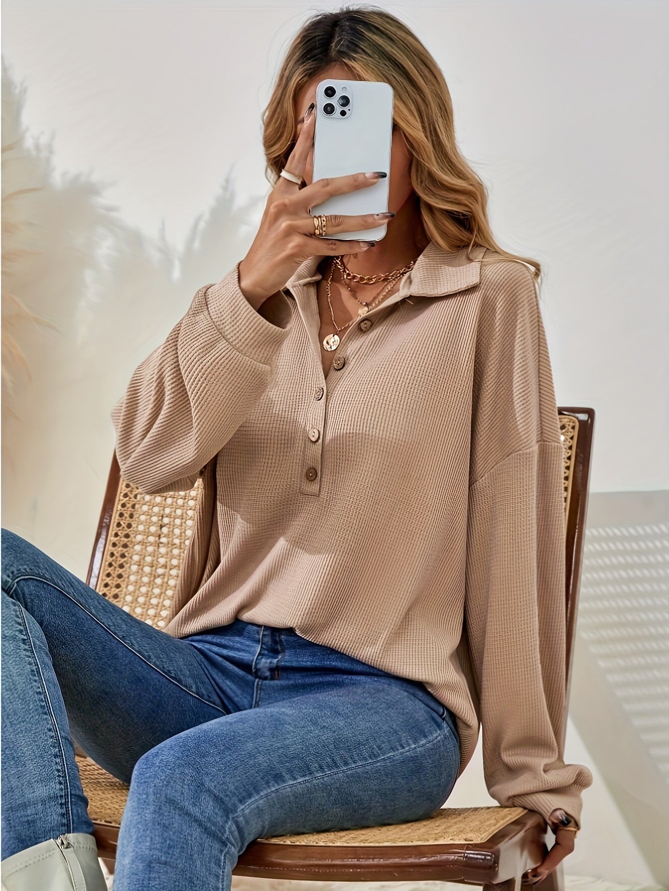Solid Button Front Polo Collar T-Shirt, Casual Long Sleeve Top For Spring & Fall, Women's Clothing