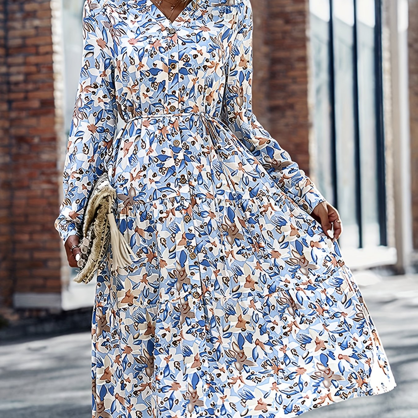 gbolsos Floral Print Button Front Dress, Boho Long Sleeve V Neck Dress, Women's Clothing