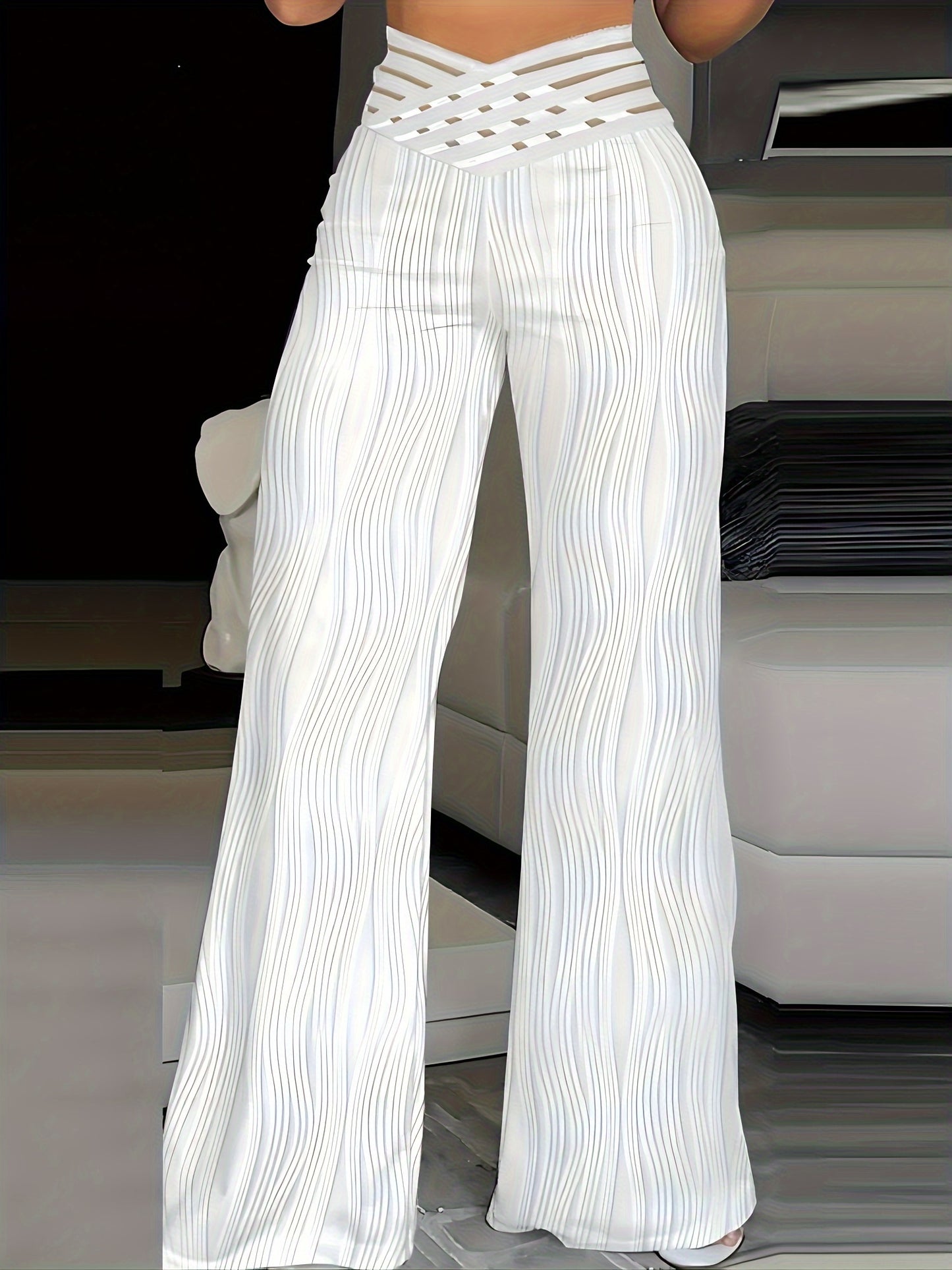 gbolsos Solid Color Cut Out Textured Pants, Casual High Waist Loose Pants, Women's Clothing