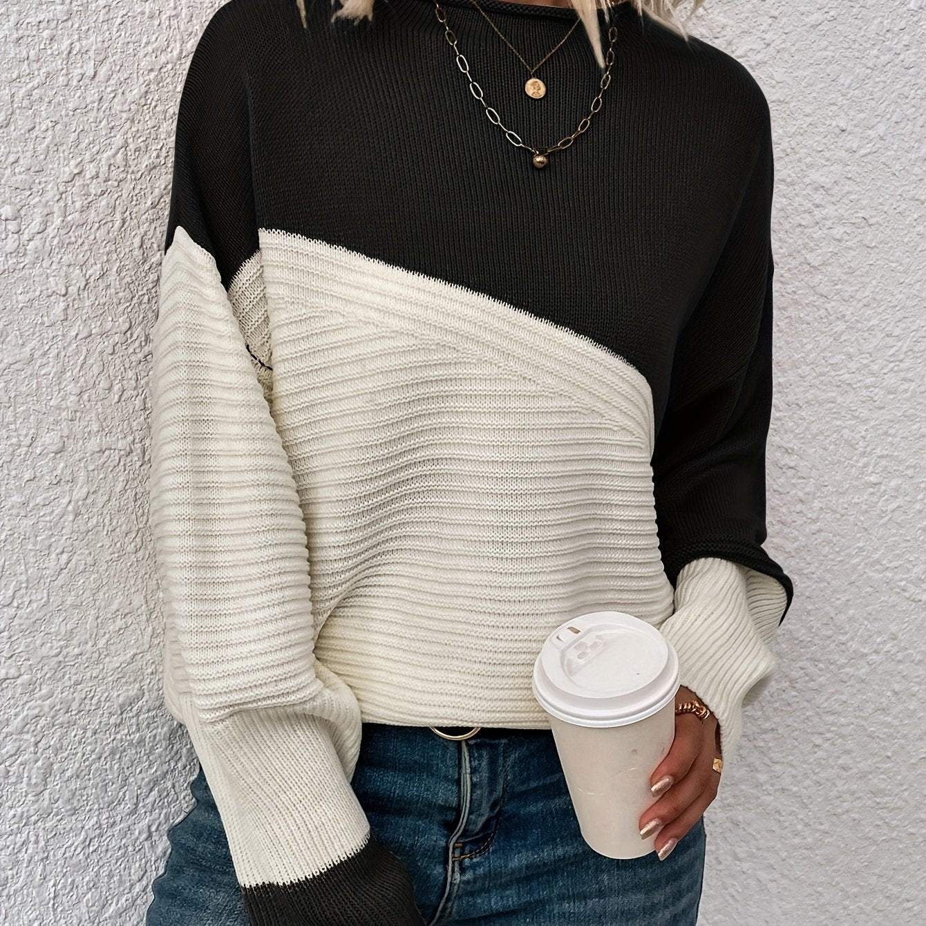 gbolsos Color Block Loose Pullover Sweater, Elegant Long Sleeve Drop Shoulder Sweater, Women's Clothing