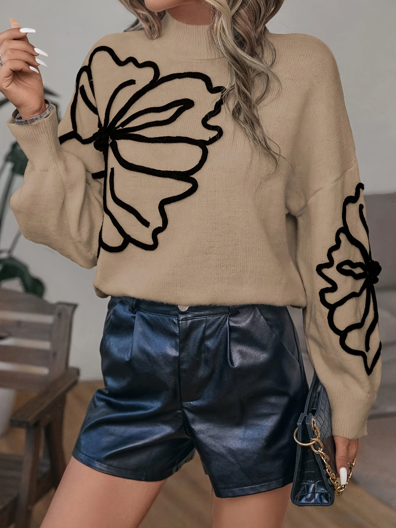 gbolsos Floral Knitted Pullover Sweater, Casual Long Sleeve Mock Neck Sweater For Fall & Winter, Women's Clothing