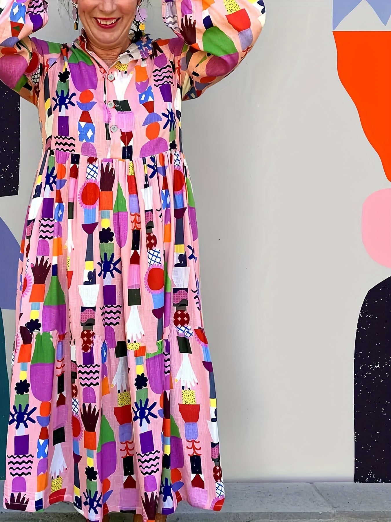 gbolsos Plus Size Cute Maxi Dress, Women's Plus Random Print Long Sleeve Button Up Turn Down Collar Smock Shirt Dress