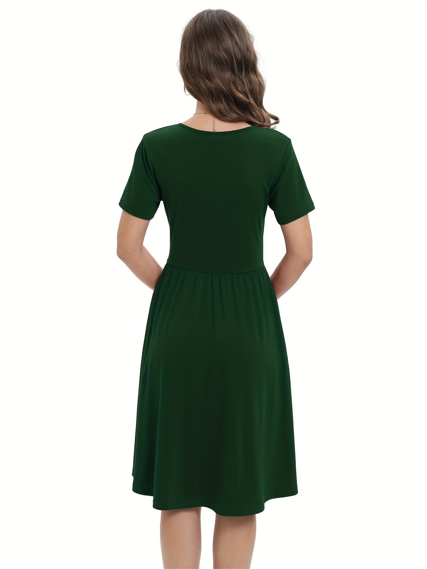 A-line Solid V Neck Dress, Casual Short Sleeve Dress For Spring & Summer, Women's Clothing