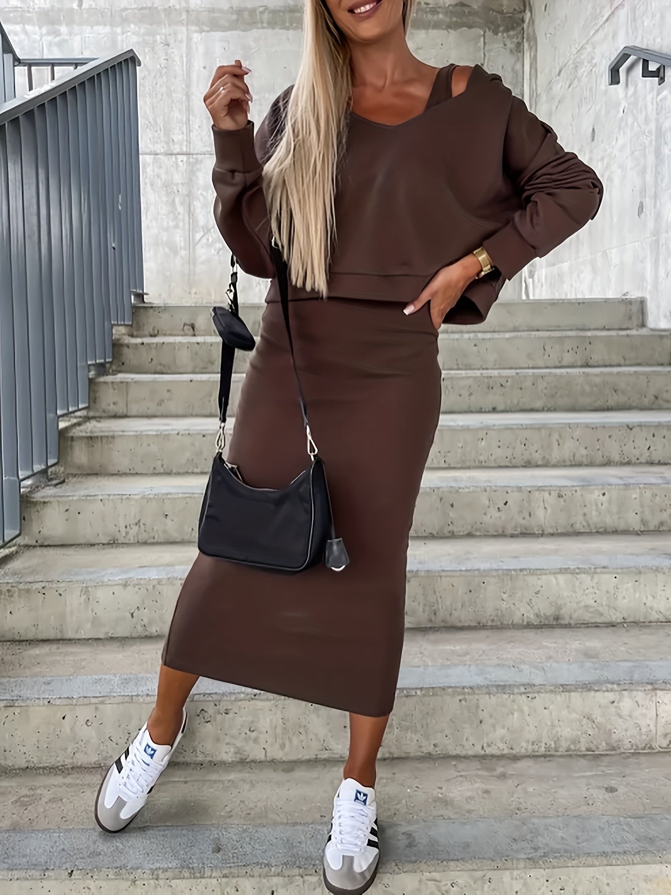 gbolsos Casual Solid Two-piece Dress Set, Sleeveless Tank Dress & Long Sleeve Hoodies Outfits, Women's Clothing
