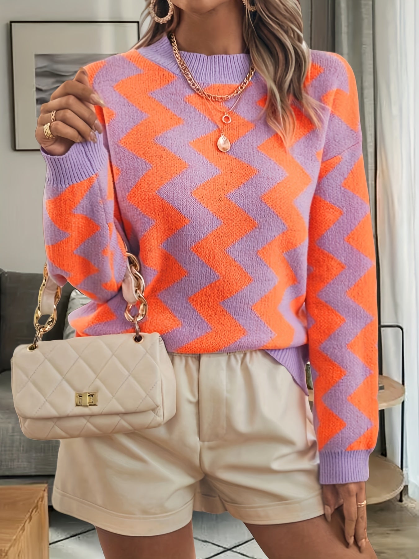 gbolsos Striped Crew Neck Pullover Sweater, Casual Long Sleeve Fall Winter Sweater, Women's Clothing