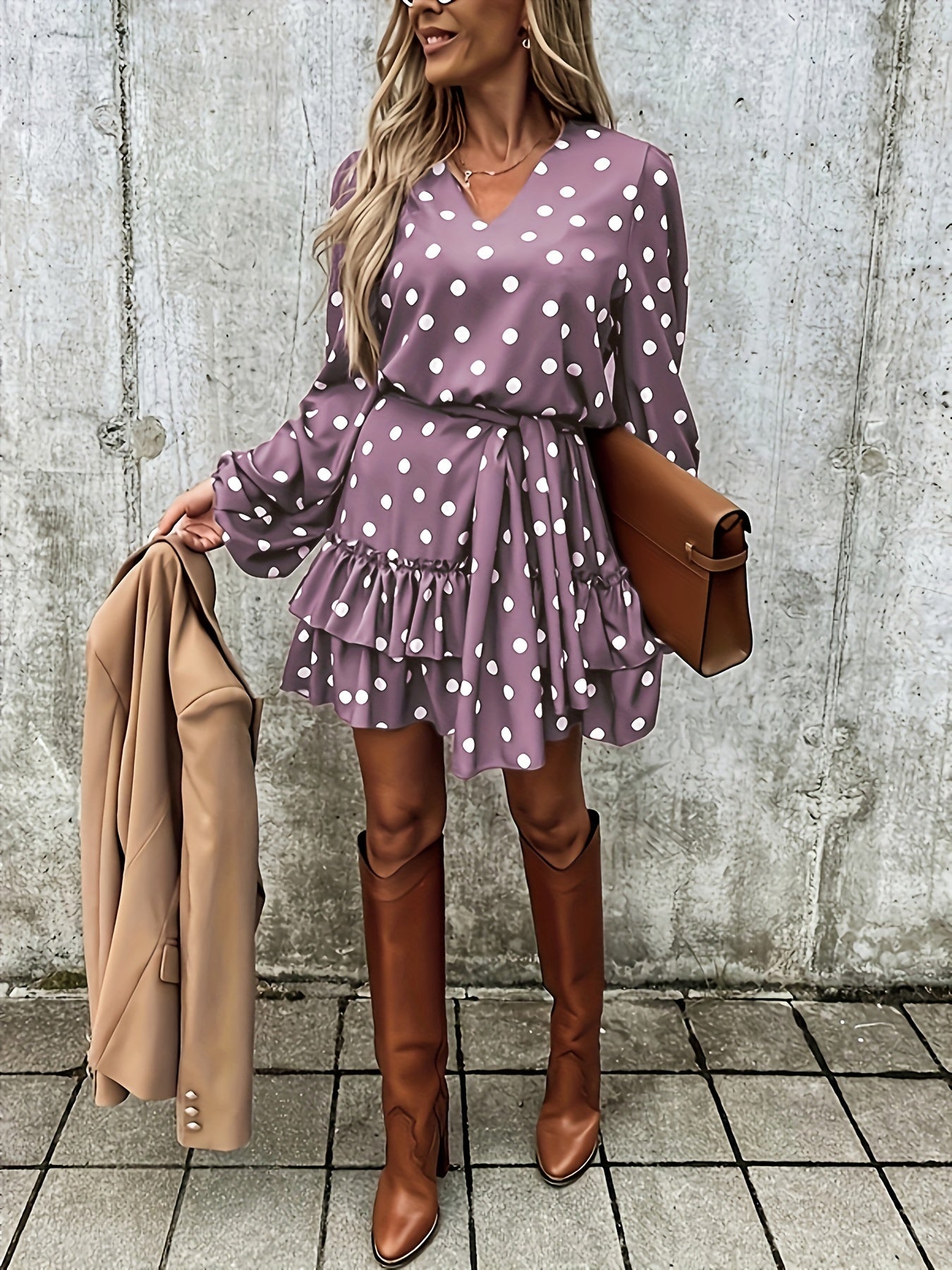 Polka Dot Print Dress, Casual Layered Ruffle Hem Lantern Sleeve Dress, Women's Clothing