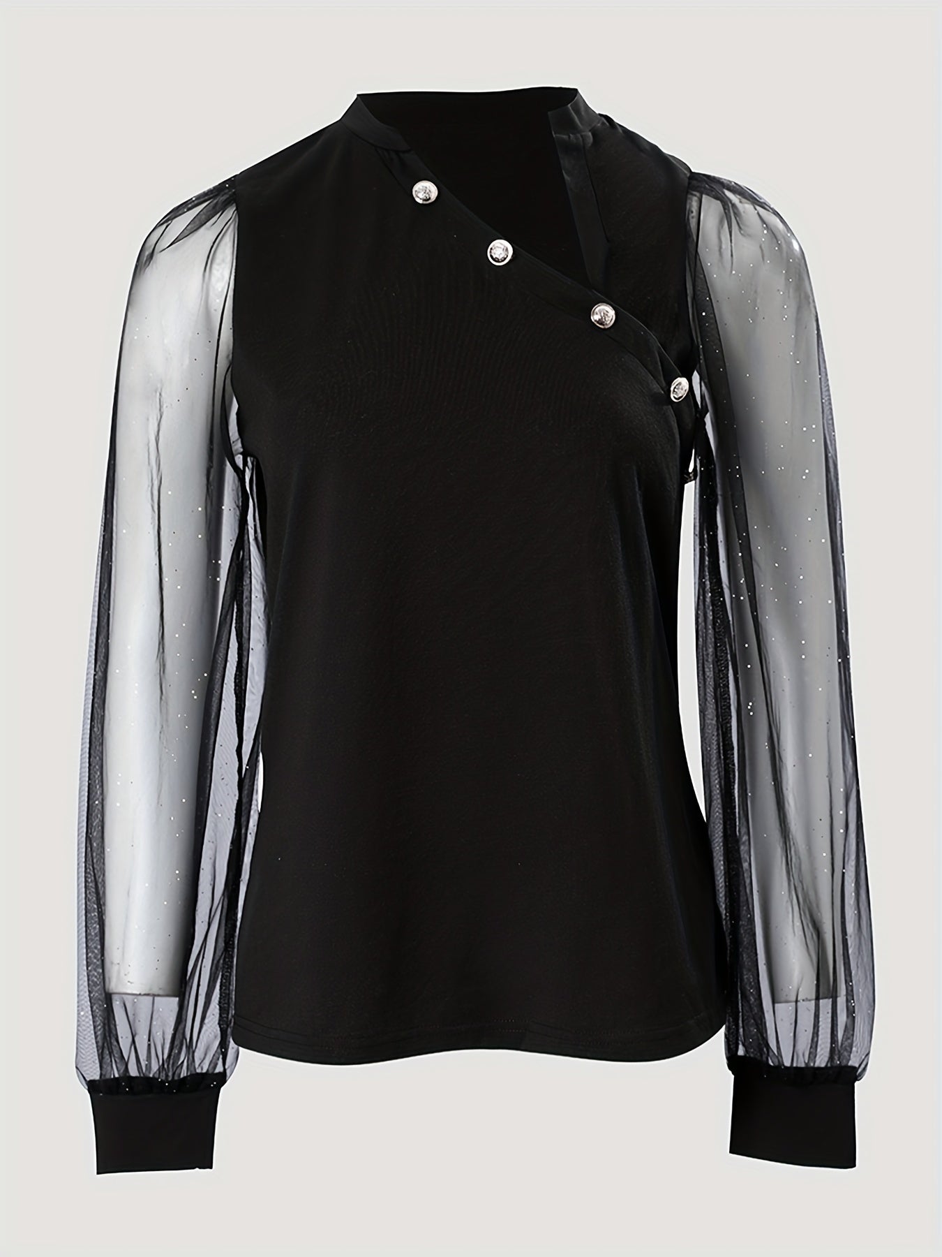kkboxly Solid Sheer Sleeve T-shirt, Casual Asymmetrical Buttons T-shirt For Spring & Fall, Women's Clothing