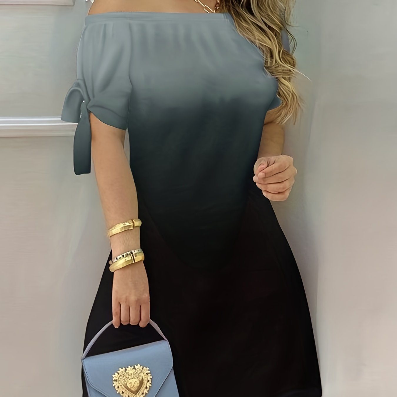 gbolsos Color Block Off Shoulder Dress, Elegant Backless Short Sleeve Dress For Spring & Summer, Women's Clothing