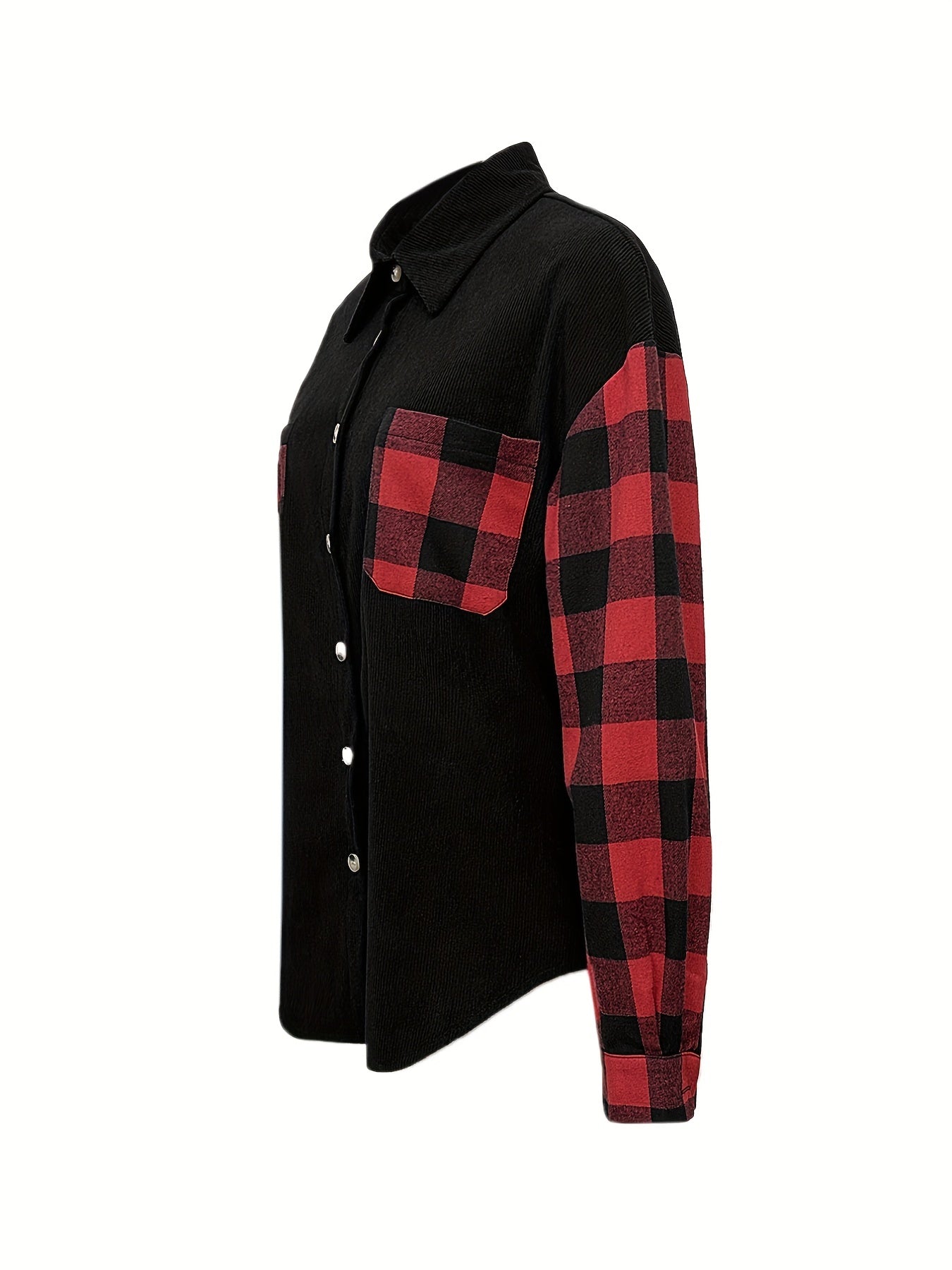 gbolsos Plaid Print Splicing Shirt, Casual Button Front Long Sleeve Shirt, Women's Clothing