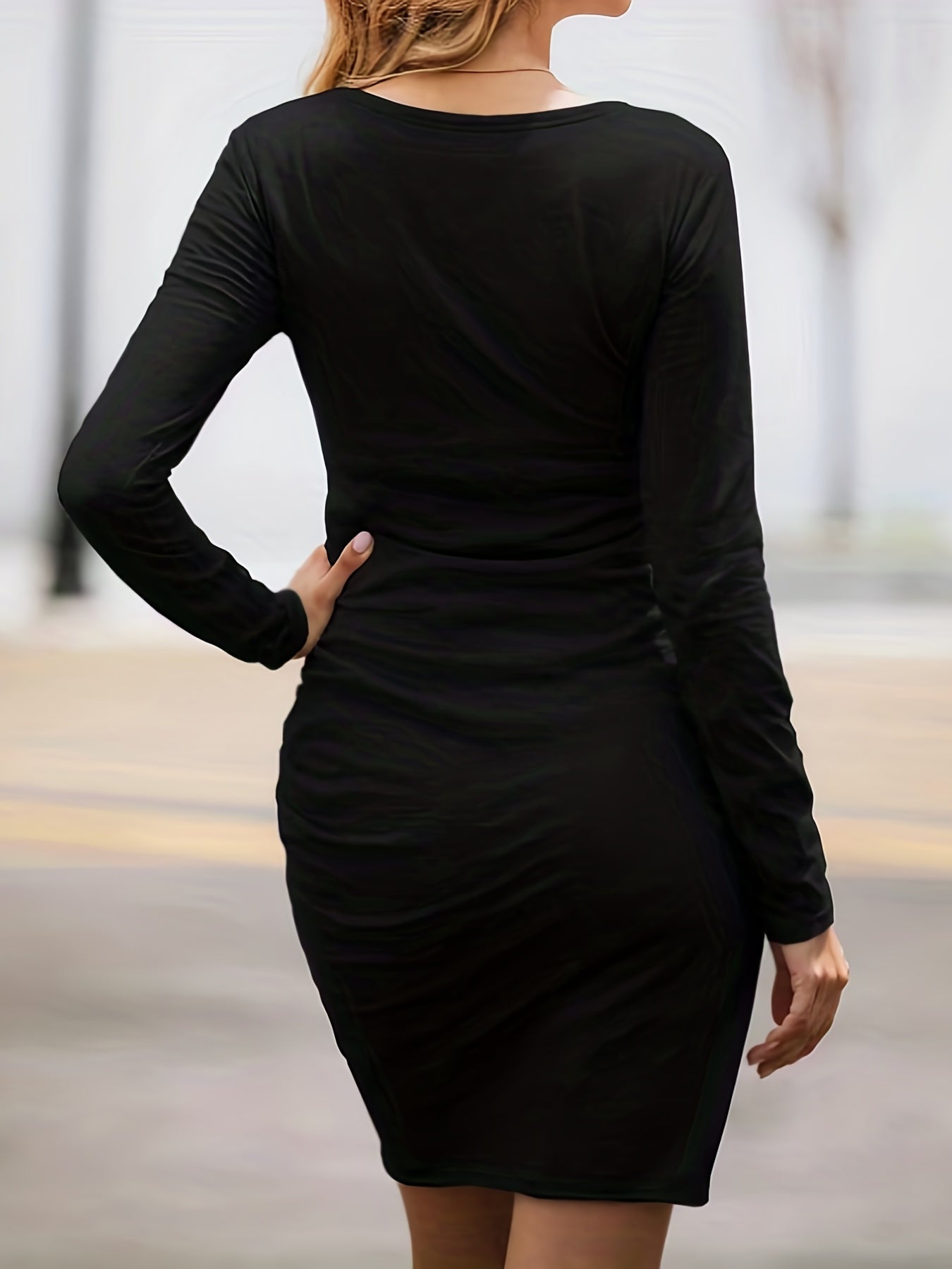 gbolsos Solid Ruched Dress, Elegant Asymmetrical Hem Long Sleeve Dress, Women's Clothing
