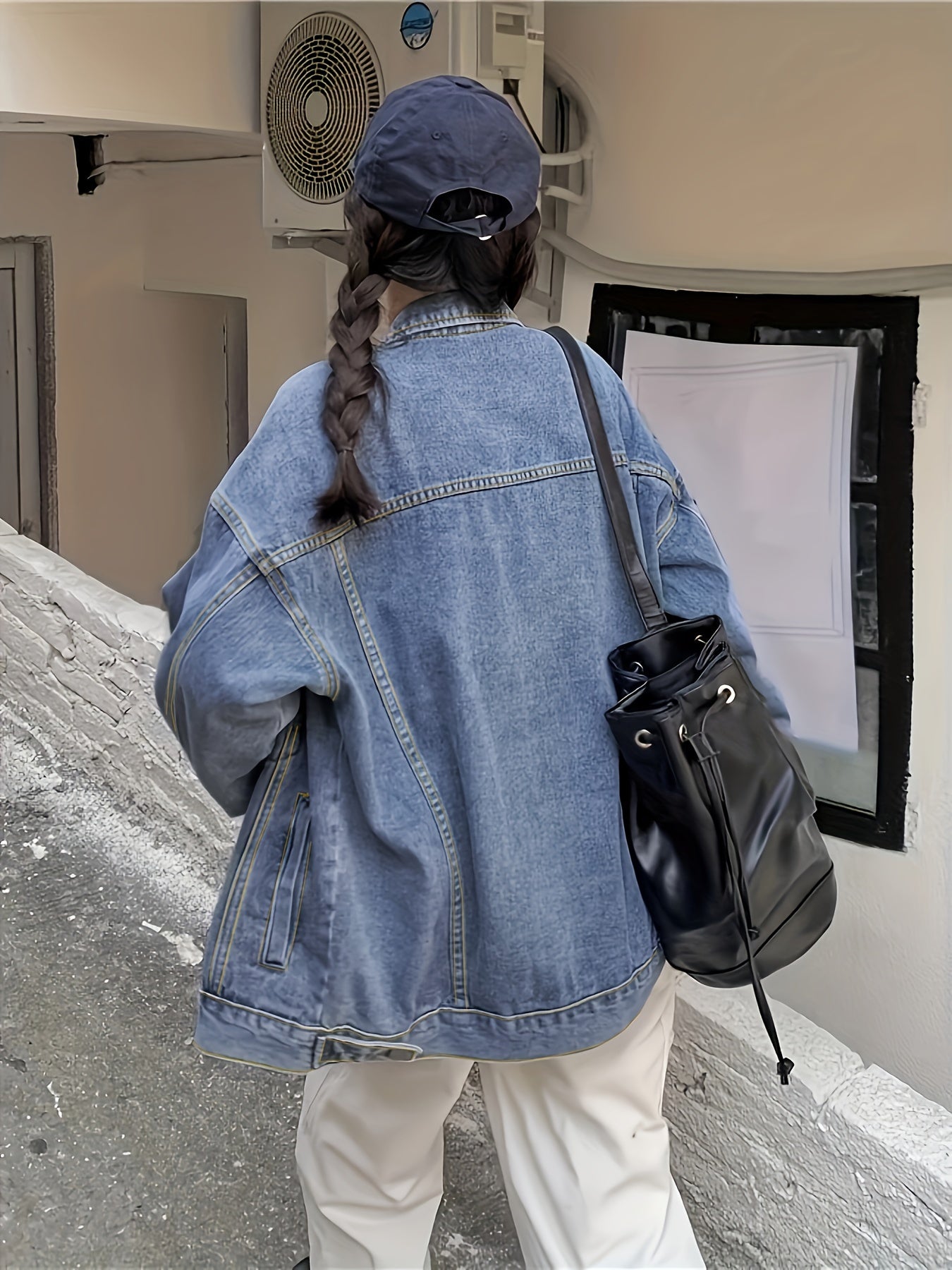 gbolsos Plain Loose Fit Denim Jackets, Patch Pockets Long Sleeves Lapel Versatile Denim Coats, Women's Denim Clothing