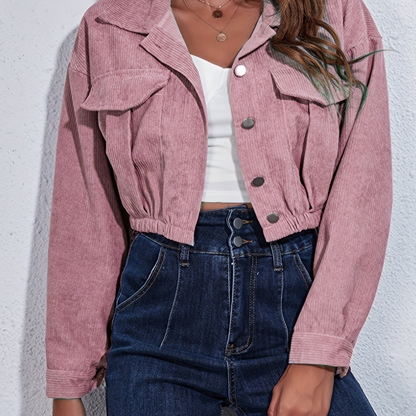 gbolsos Women's Stylish Crop Solid Jacket, Button Down Long Sleeve Jacket, Outerwear For Fall & Winter, Women's Clothing