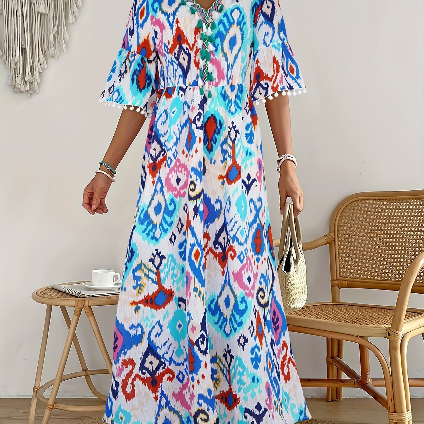 gbolsos Ikat Print Tassel Dress, Vacation V Neck High Waist Maxi Dress, Women's Clothing
