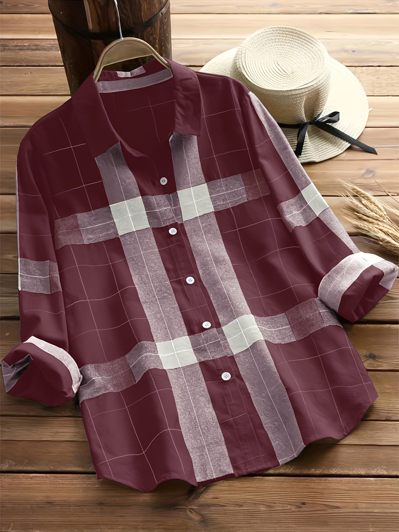 Plaid Print Shirt, Casual Button Front Long Sleeve Collar Shirt, Women's Clothing