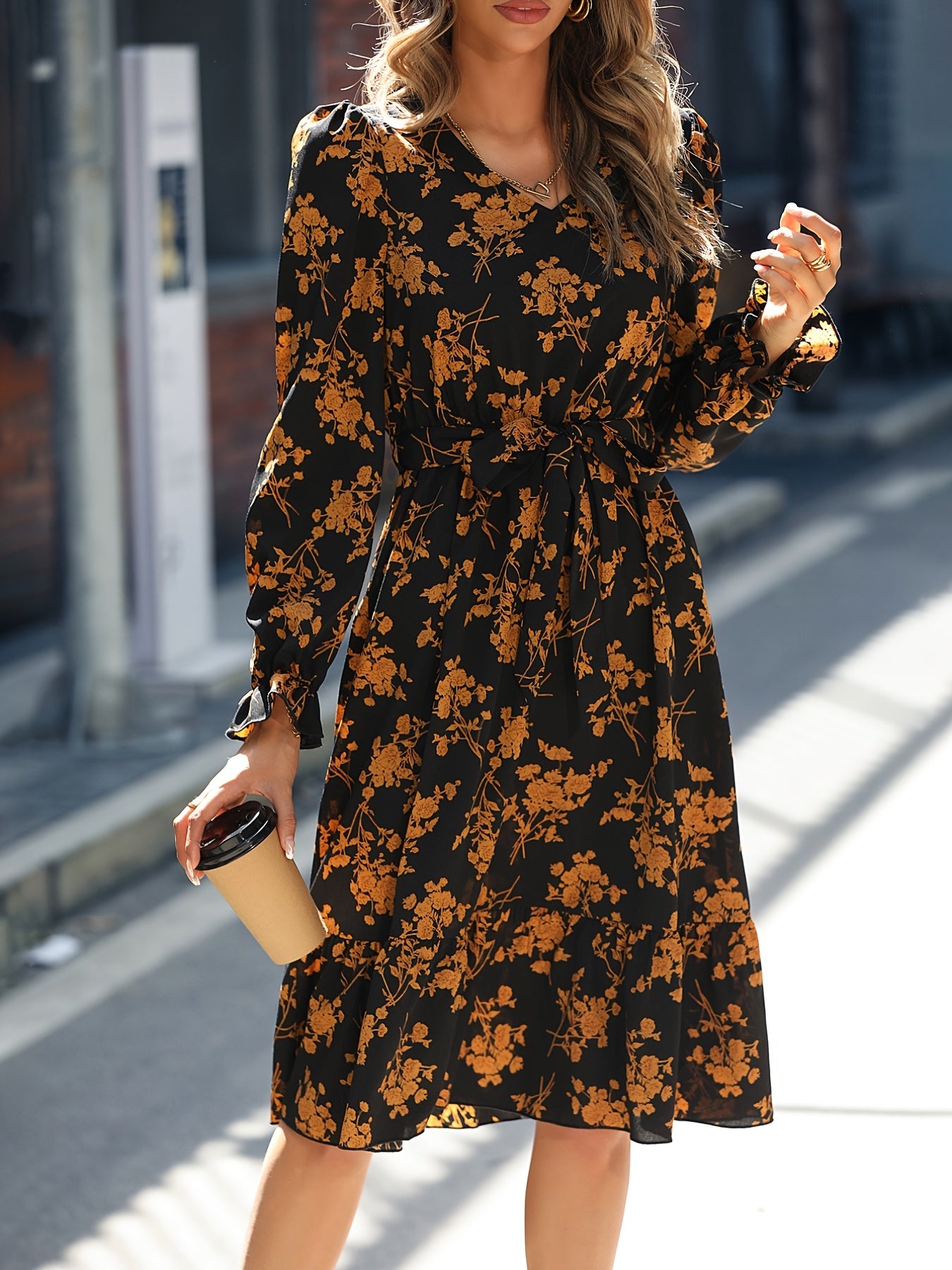 Retro V-neck Ruffle Dress, Print Long Sleeve Waist Loose Summer Dresses, Women's Clothing