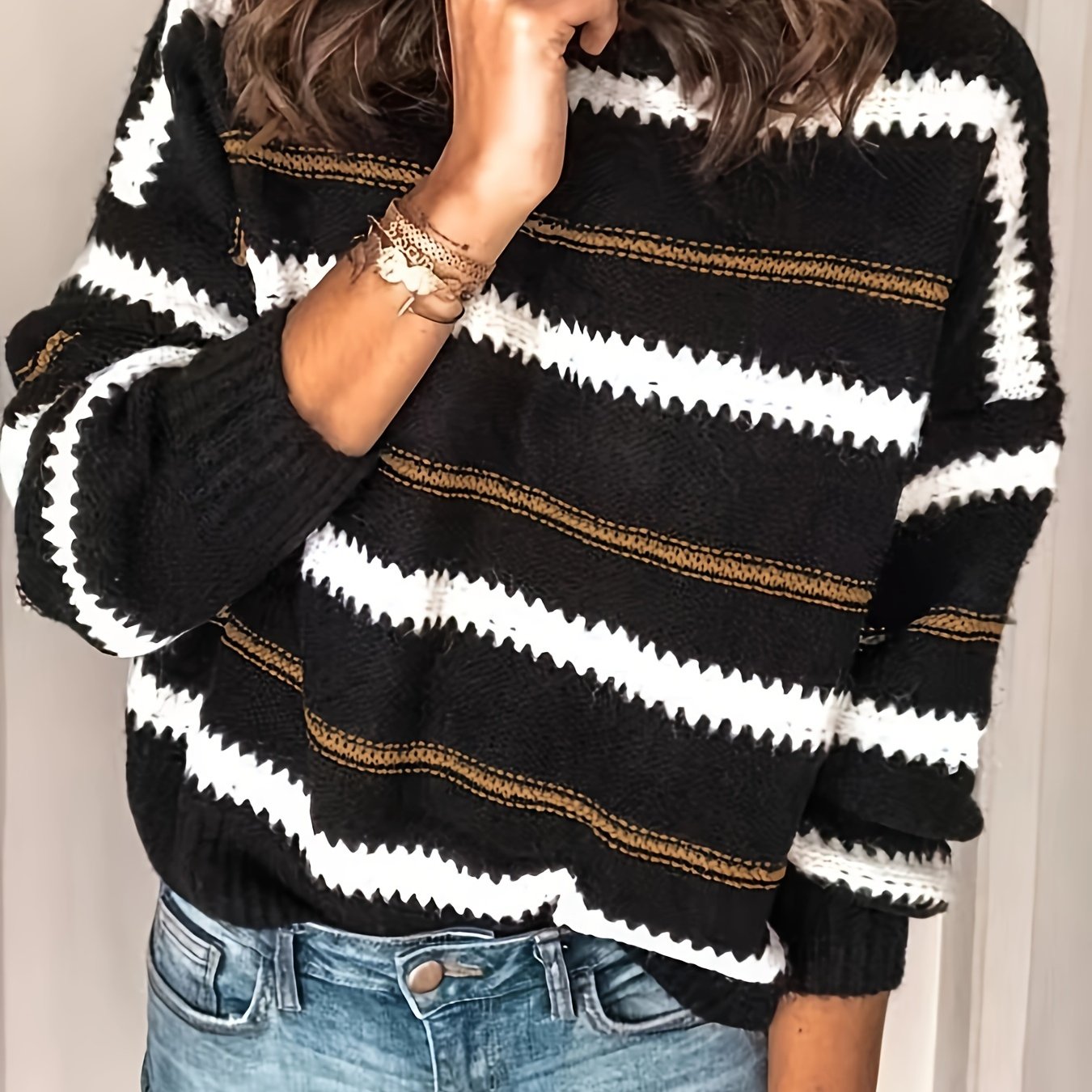 gbolsos Striped Pattern Crew Neck Knitted Top, Casual Long Sleeve Pullover Sweater For Fall & Winter, Women's Clothing