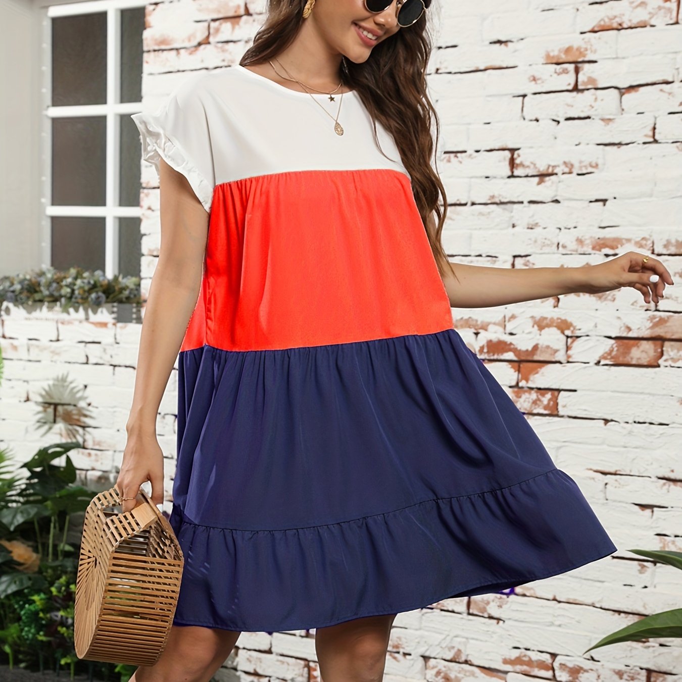 Color Block Ruffle Hem Dress, Casual Crew Neck Short Sleeve Dress, Women's Clothing