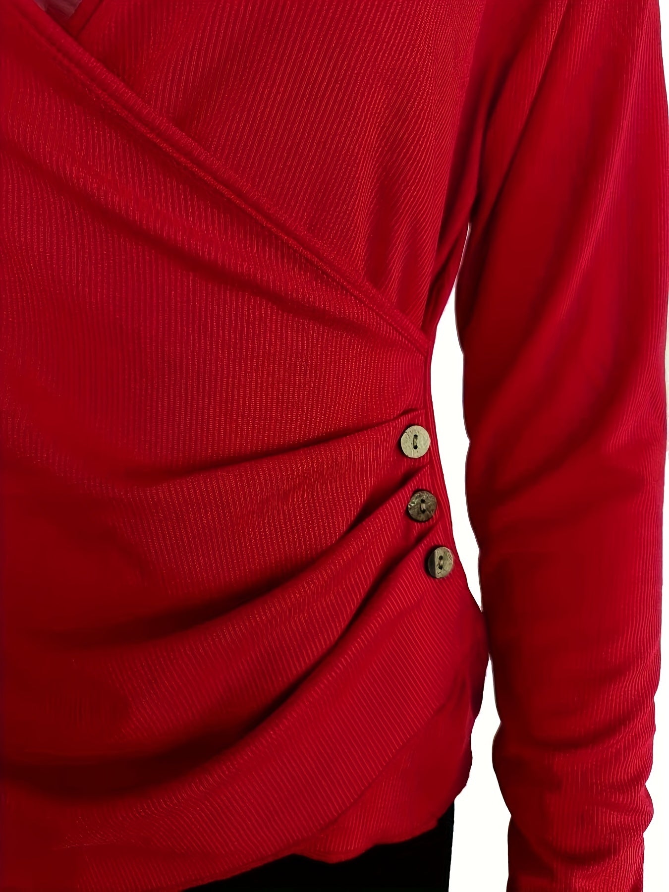 Ruched Button Decor Surplice Neck T-Shirt, Casual Long Sleeve Top For Spring & Fall, Women's Clothing